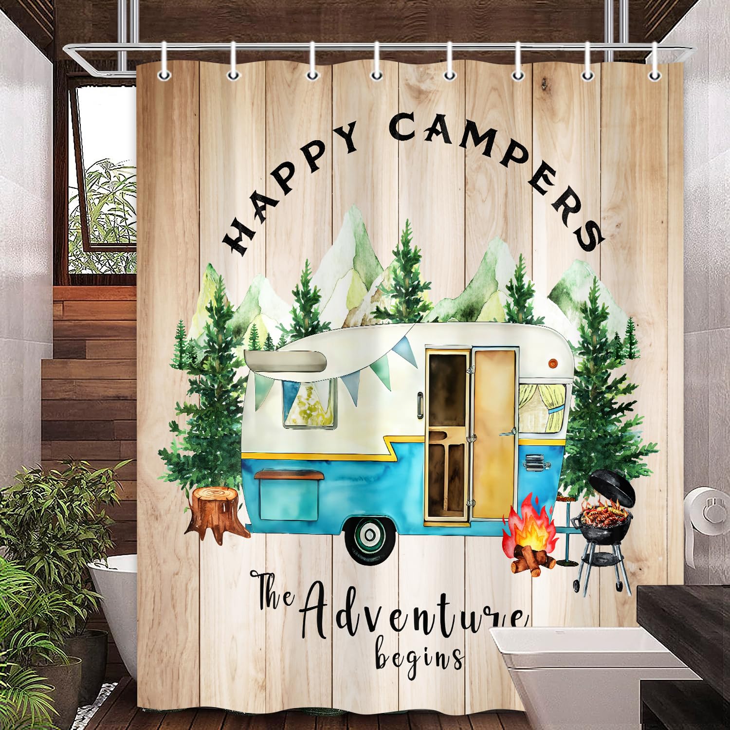 Rustic Farmhouse Shower Curtain for Campers & RVs - 47x64 Inch Tree Mountain Adventure Design - Waterproof Fabric Bathroom Curtain with Hooks - Perfect for Small Bathrooms, Travel Trailers & Outdoor Camping Trips