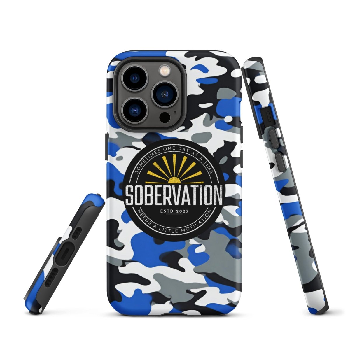 Sobervation Blue Camo iPhone Case - Durable Protective Cover for iPhone [Model] | Slim Shockproof Design for Sobriety Support & Recovery Journey | Perfect for AA Meetings, Daily Use & Outdoor Activities