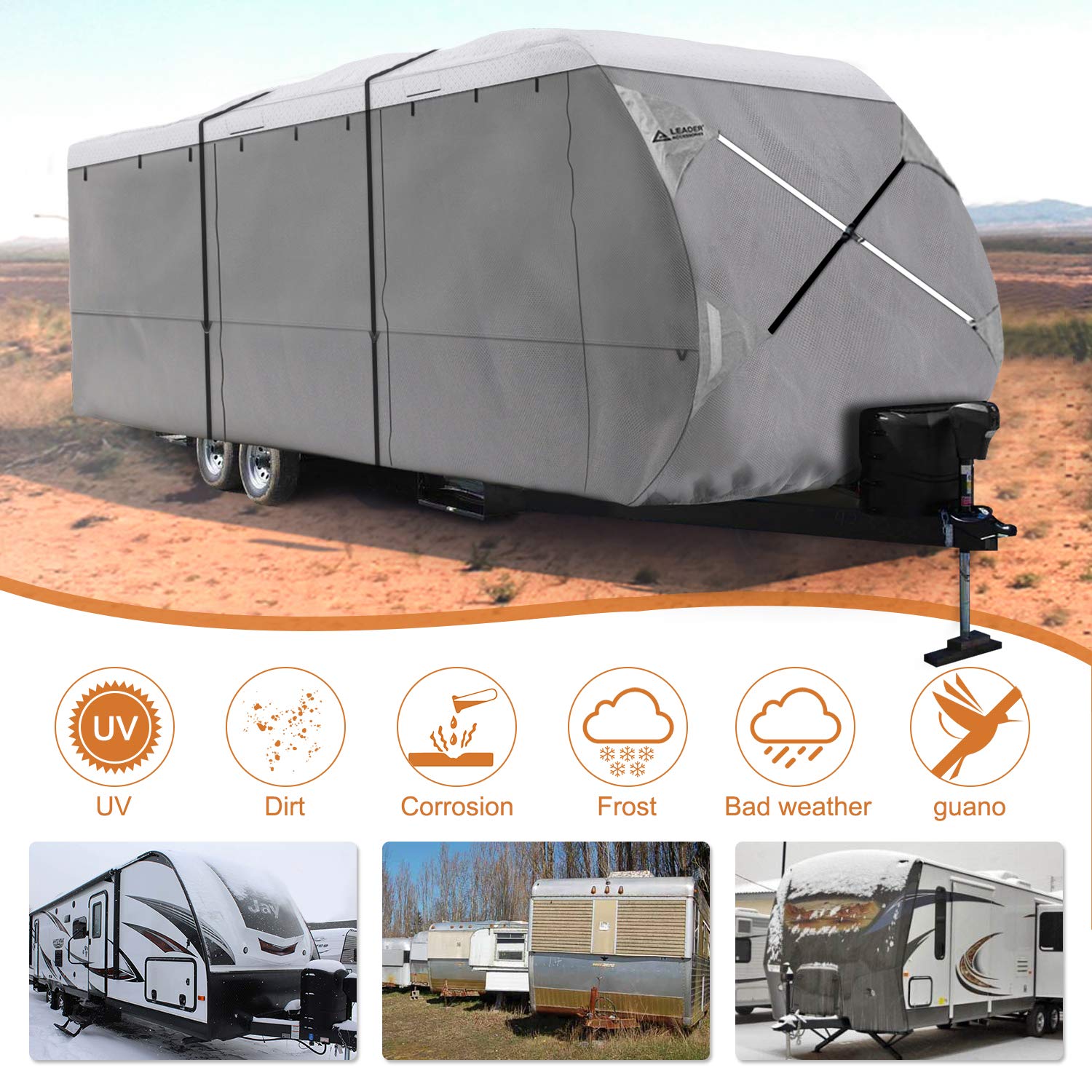 Windproof RV Cover for Travel Trailers 24'-27' - Heavy Duty Waterproof Camper Cover with UV Protection (White/Grey) - Perfect for Outdoor Storage & Winter Protection