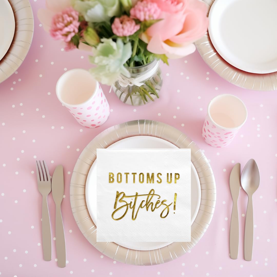 Funny Cocktail Napkins with Gold Foil - 50-Pack 3-Ply Disposable Beverage Napkins for Parties | Birthday, Retirement, Wedding & Bridal Shower Essentials | 'Bottoms Up' Humorous Quote Design | Perfect for Bar, Home Entertaining & Special Events