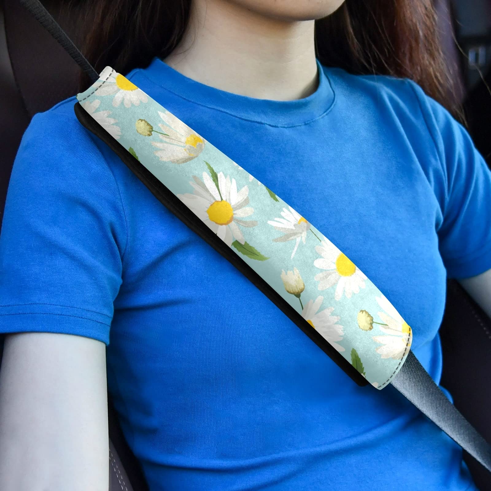 White Daisy Flowers with Green Leaves Seamless Turquoise Adjustable Car Seat Belt Pad Cover - Universal Shoulder Strap Cushion for Adults & Kids - Comfortable Driving Accessory for Long Trips & Daily Commutes