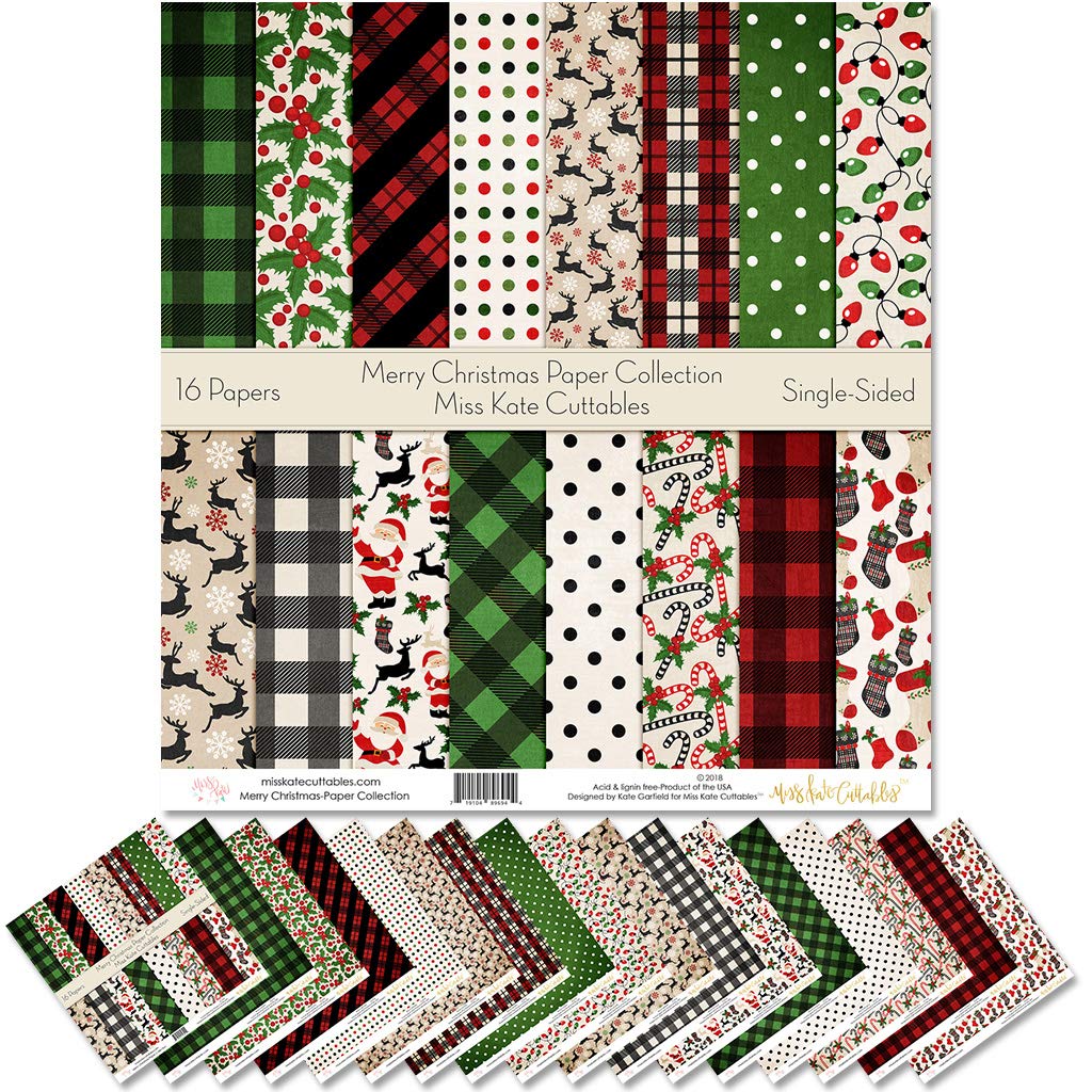 Miss Kate Cuttables Christmas Scrapbook Paper Pack - 16 Sheets 12x12 Single-Sided Patterned Specialty Paper for Holiday Card Making, DIY Crafts & Gift Wrapping - Merry Christmas Collection