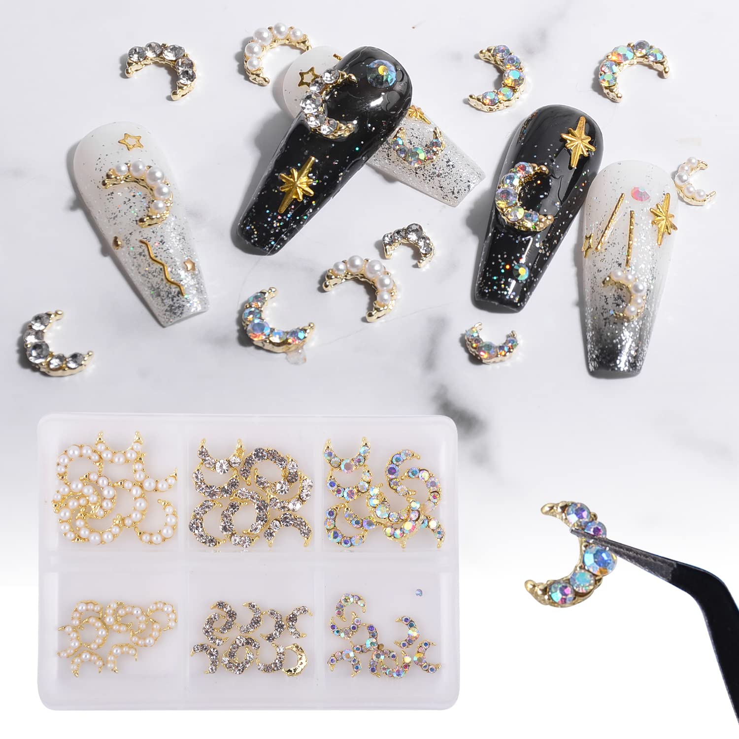 60 Pcs Moon Nail Charms - Shining Gold Nail Rhinestones with Moon Diamond Gem Pearl, Crystals Nail Studs for DIY Nail Art & Jewelry Making - Perfect for Manicures, Nail Decorations & Crafting (Includes Storage Box)