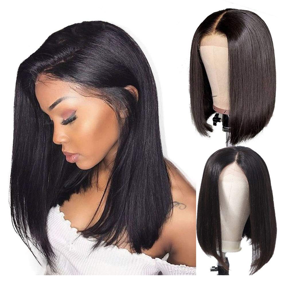 360 Lace Front Wig Brazilian Human Hair 10A Pre Plucked Bleached Knots Silky Straight Natural Black 12