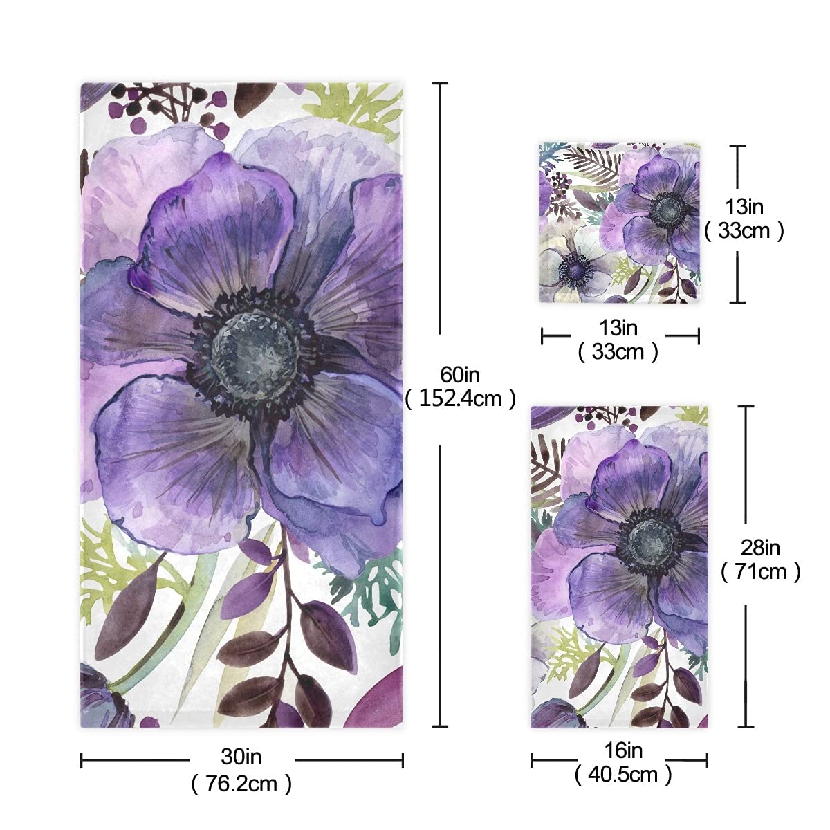 **Premium Purple Bath Towel Set - 3-Piece Ultra Absorbent Microfiber Bathroom Towels (1 Bath Towel + 1 Hand Towel + 1 Washcloth) - Floral Design for Spa, Beach & Home Decor**