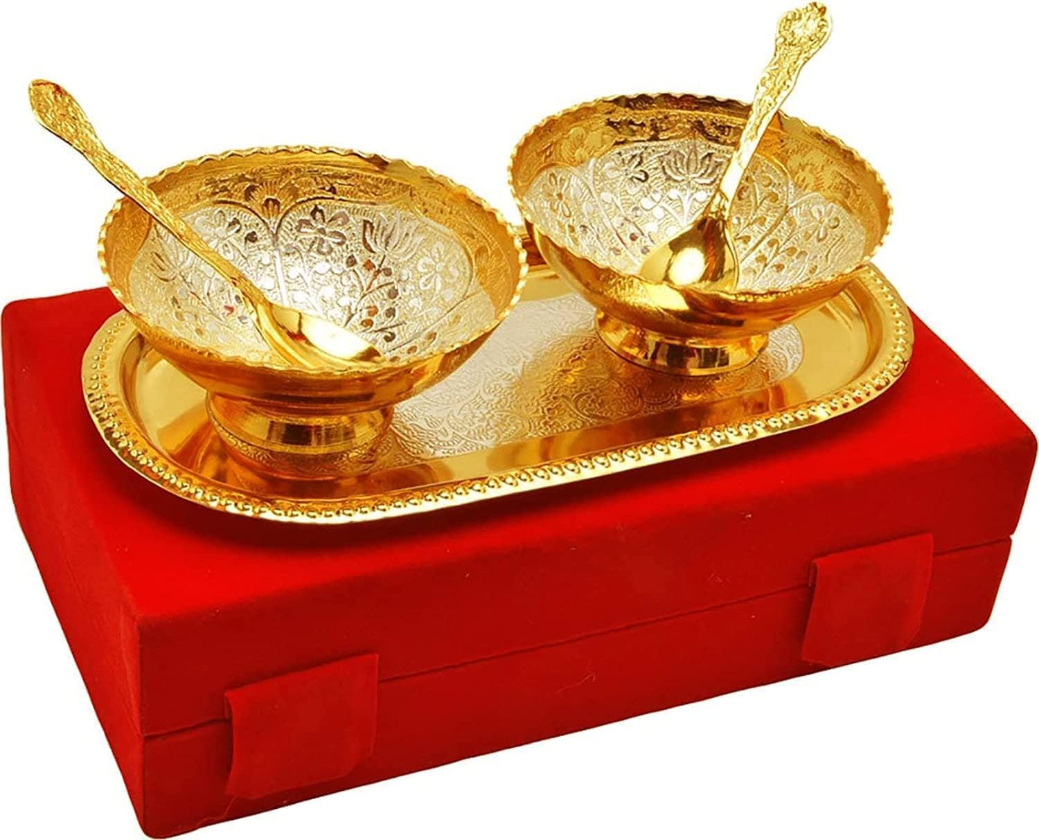 Premium Gold & Silver Plated Bowl Spoon Tray Set - Elegant 6-Piece Gift Set for Diwali, Housewarming, Wedding & Special Occasions - Perfect for Festive Dining, Home Decor & Thoughtful Gifting