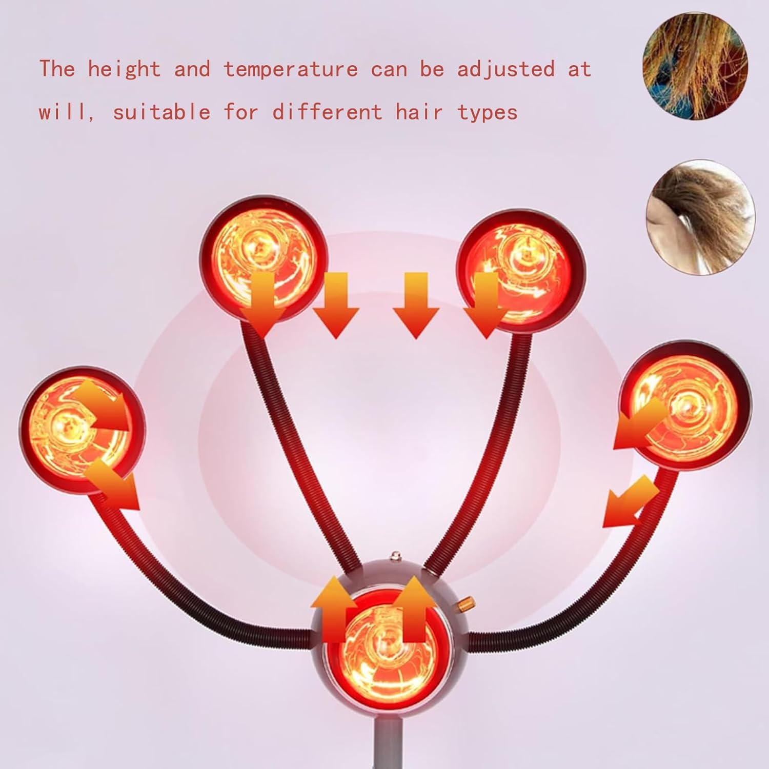 750W Infrared Heat Lamp Red Light Therapy - 5 Head Portable Floor Hair Dryer Stand for Styling, Perming & Accelerating Hair Drying | Salon & Home Use
