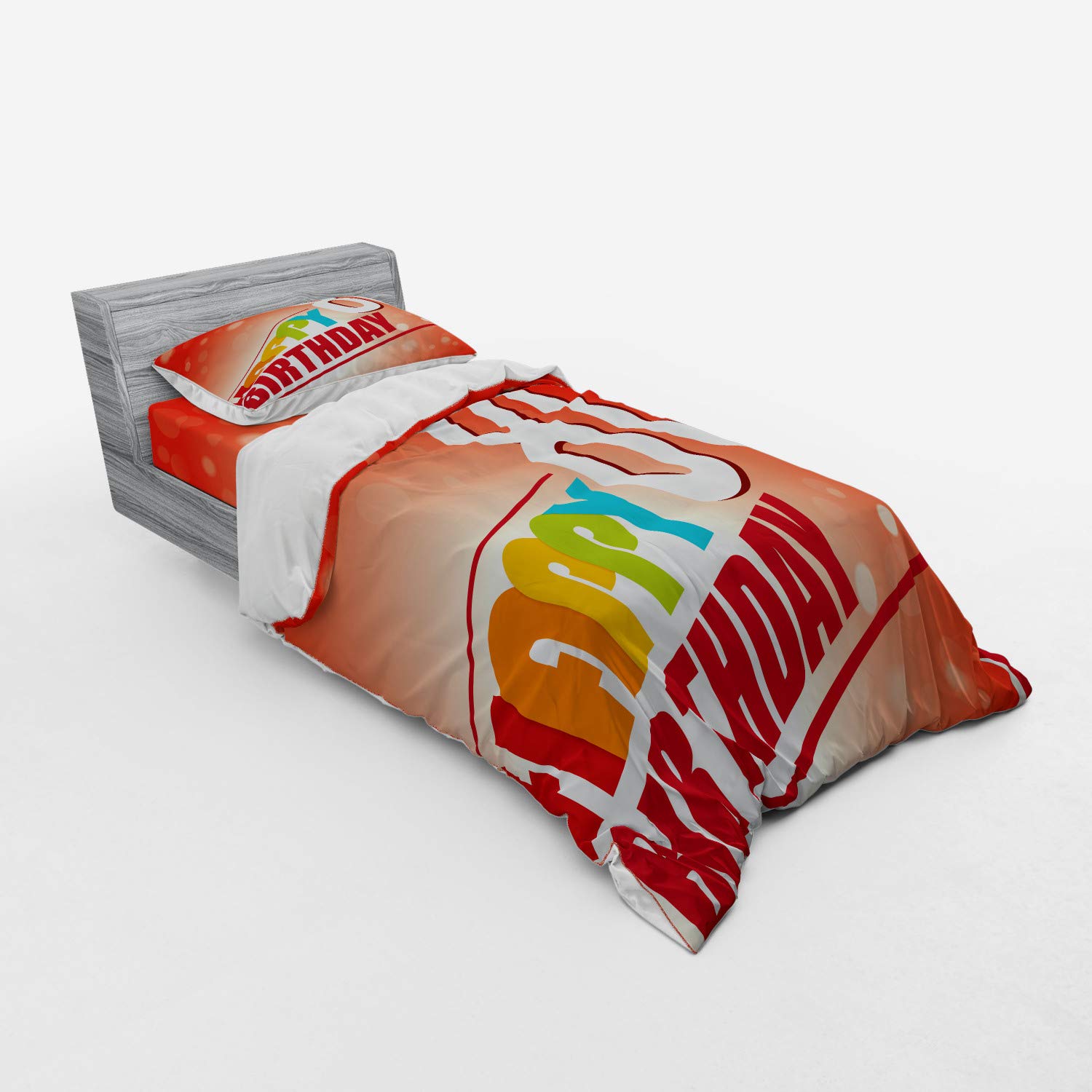 Ambesonne 80th Birthday Bedding Set - 3 Piece Duvet Cover with Sham & Fitted Sheet, Twin Size, Red Vermilion & White Abstract Design - Perfect for 80th Birthday Party Decorations & Gift Ideas