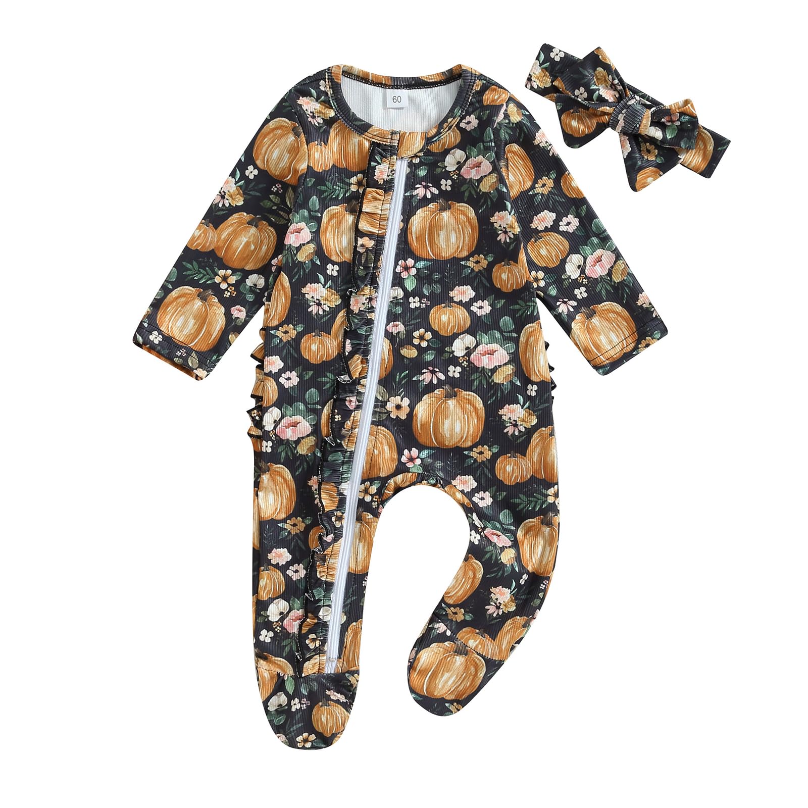 Baby Halloween Costume - Pumpkin Onesie Jumpsuit for Newborns & Infants | Long Sleeve Zip Romper with Hairband | Cute Fall Outfit for Boys & Girls | Perfect for Halloween Parties, Trick-or-Treating & Photo Shoots