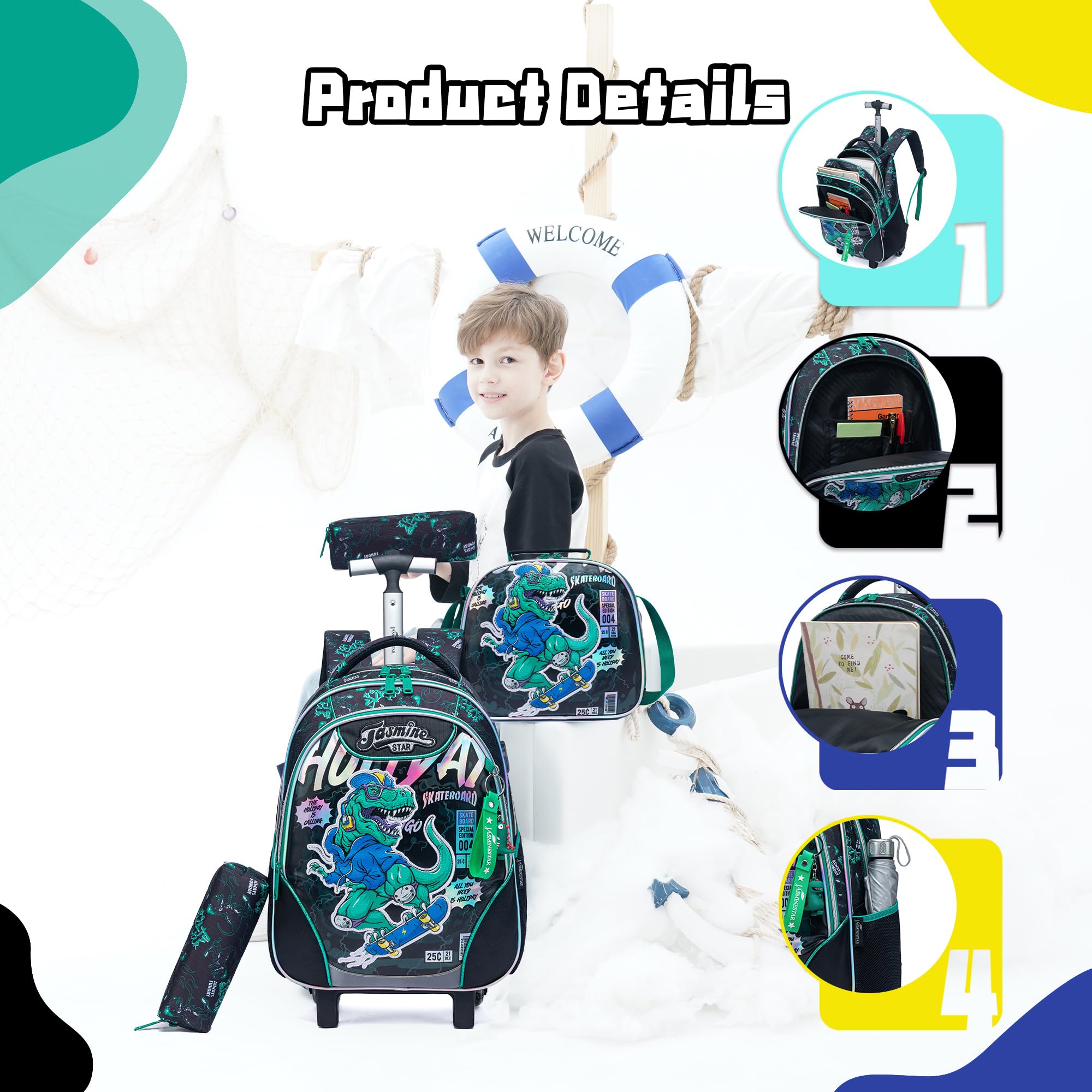**Meetbelify Dinosaur Rolling Backpack for Boys - 3-in-1 Wheeled School Backpack with Lunch Box, Travel Luggage for Elementary Students (Ages 8-10) - Perfect for School, Travel & Daily Adventures**