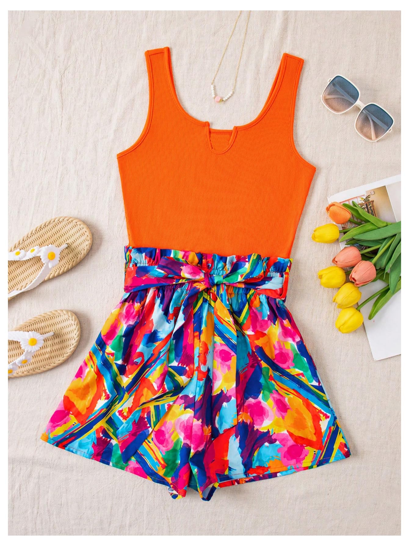 SOLY HUX Women's Summer Sleeveless Belted Tank Romper Short Jumpsuit - Casual Outfit for Beach, Vacation & Outdoor Activities