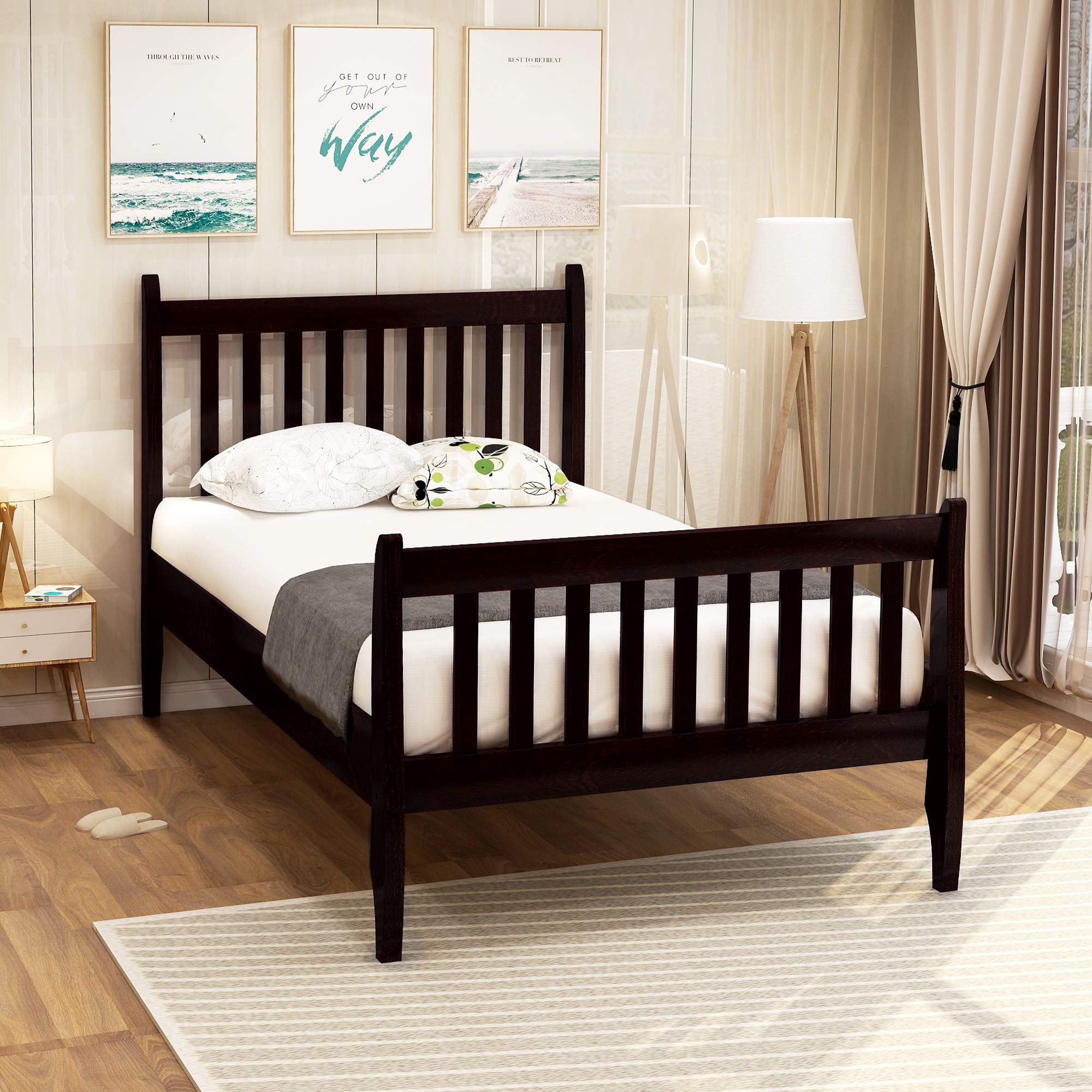 Solid Wood Twin Bed Frame with Headboard & Footboard - Sturdy Platform Bed with Wood Slat Support - Espresso Finish for Teen & Kids Bedrooms - Perfect for Small Spaces, Dorm Rooms & Guest Bedrooms