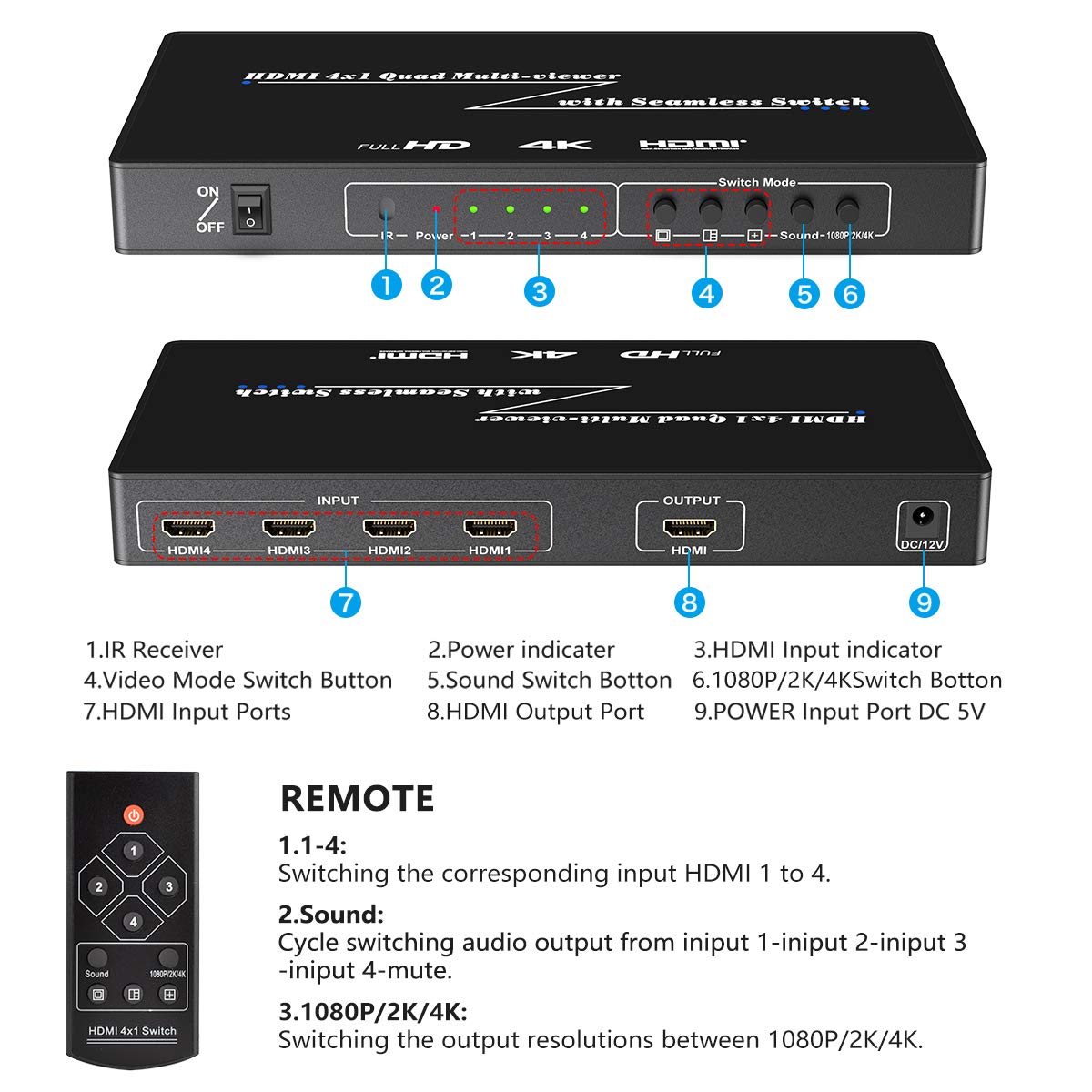 4K 4 in 1 Out HDMI Multi-Viewer - 4K@30Hz 2K@60Hz HDMI Screen Splitter with Audio Switching | 4 Display Modes for Engineers, Conference Rooms, Video Meetings, Security Monitoring & Digital Signage | Perfect for Control Rooms, Trade Shows & Multi-Screen Presentations