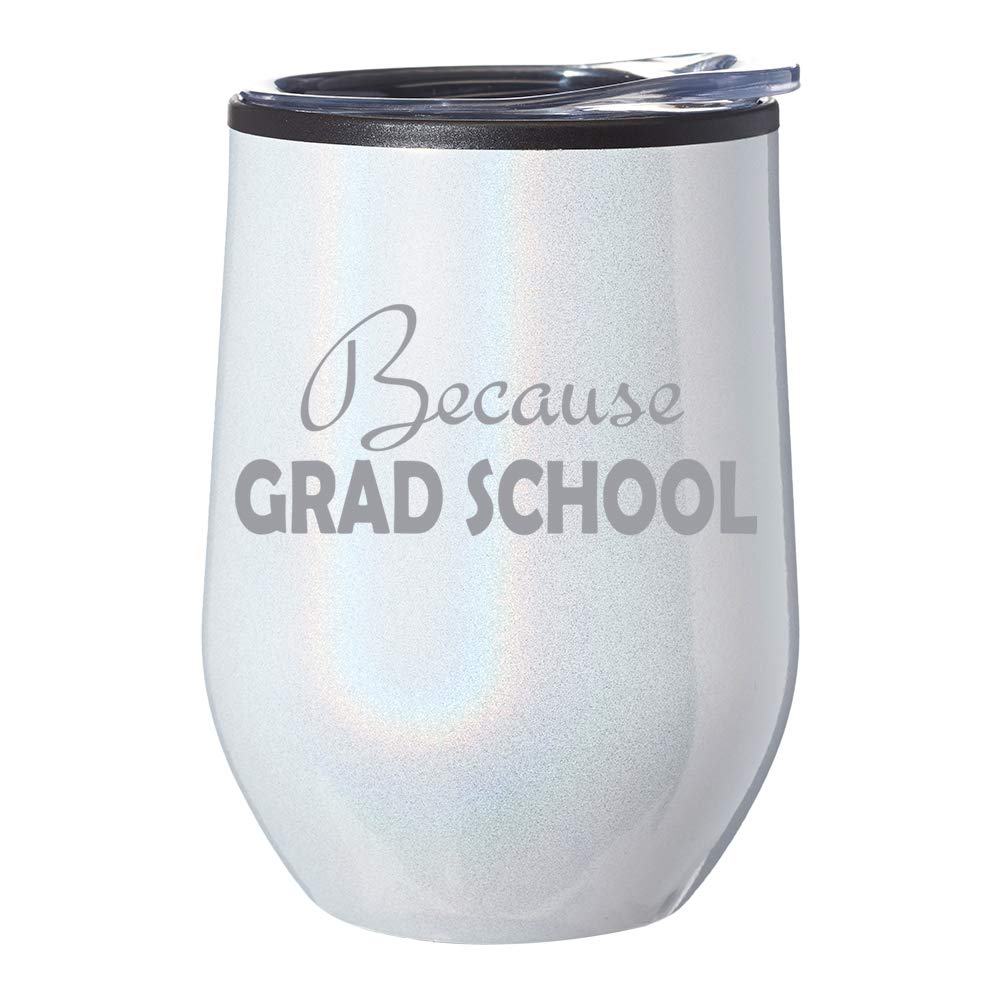 Stemless Wine Tumbler with Lid - 20oz Insulated Coffee Travel Mug, Shatterproof Glass Cup for Hot & Cold Drinks - Funny Graduate School Gift Idea (White Iridescent Glitter) - Perfect for Office, Commuting, and Outdoor Activities