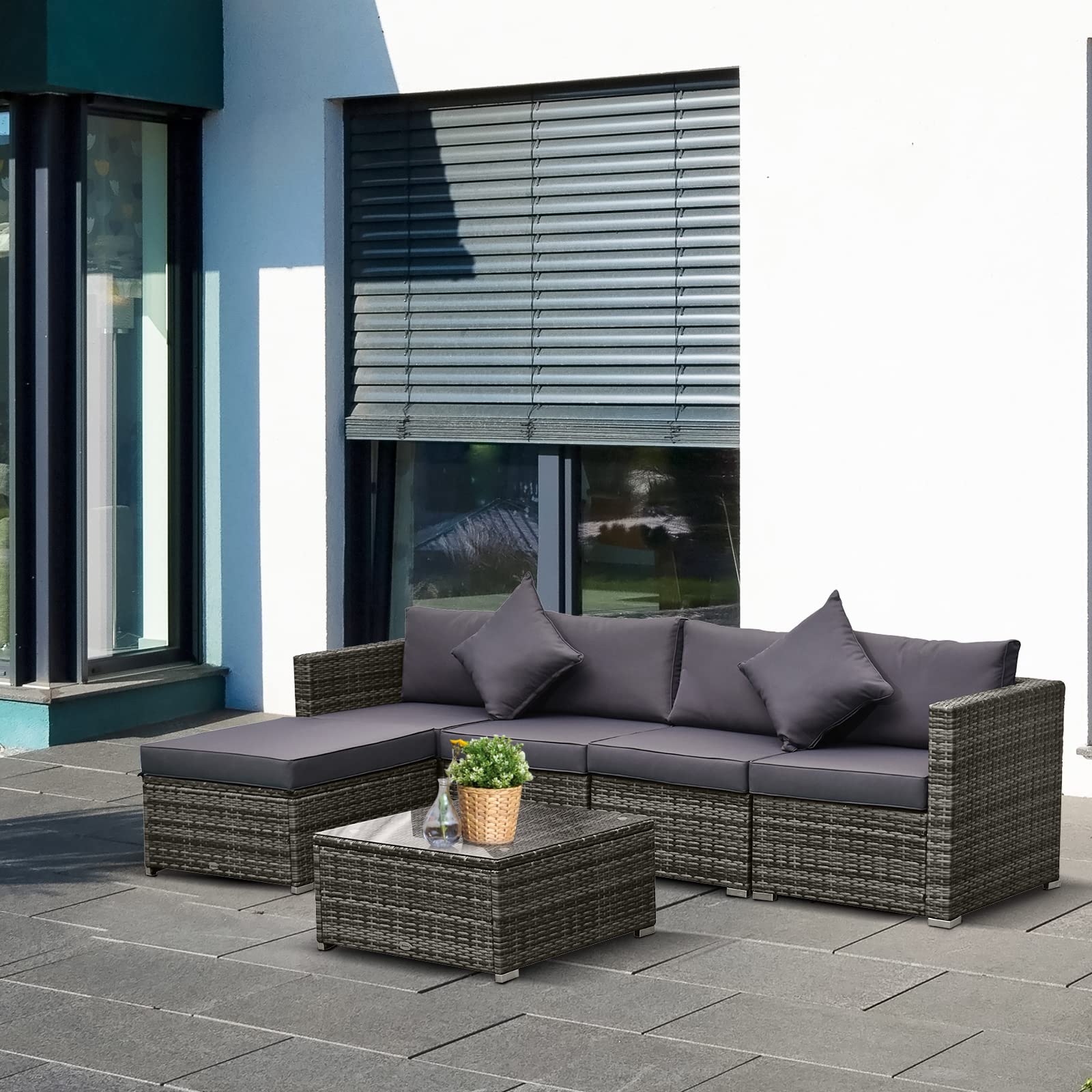 Outsunny 6-Piece Patio Furniture Set - All-Weather PE Rattan Outdoor Wicker Sectional Sofa with Ottoman, Cushions & Tempered Glass Table - Mixed Gray - Perfect for Backyard, Garden, Poolside & Patio Relaxation