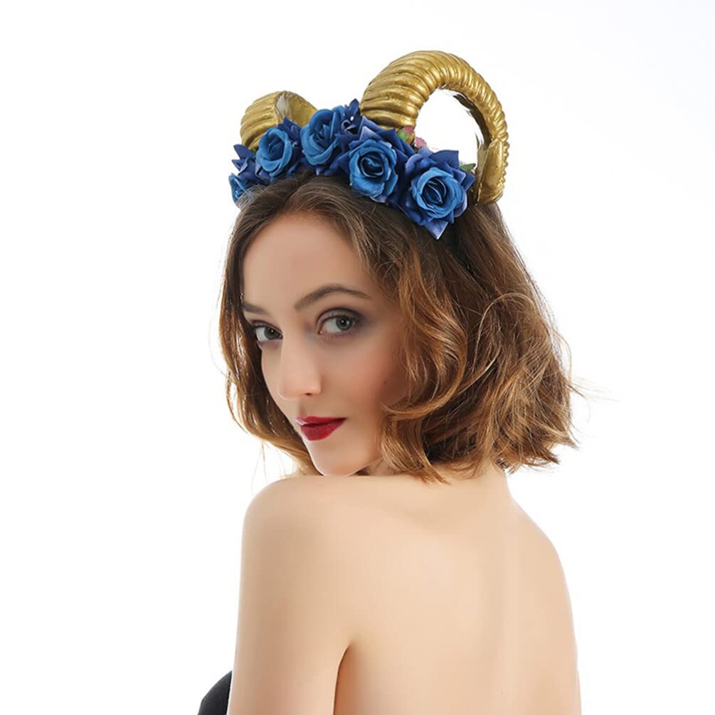 Beaupretty Blue Rose Ox Horn Headband - Halloween Cosplay Headpiece for Women, Costume Accessory for Bull Horn Headdress, Masquerade Party & Cosplay Events | Perfect for Halloween, Themed Parties & Costume Contests
