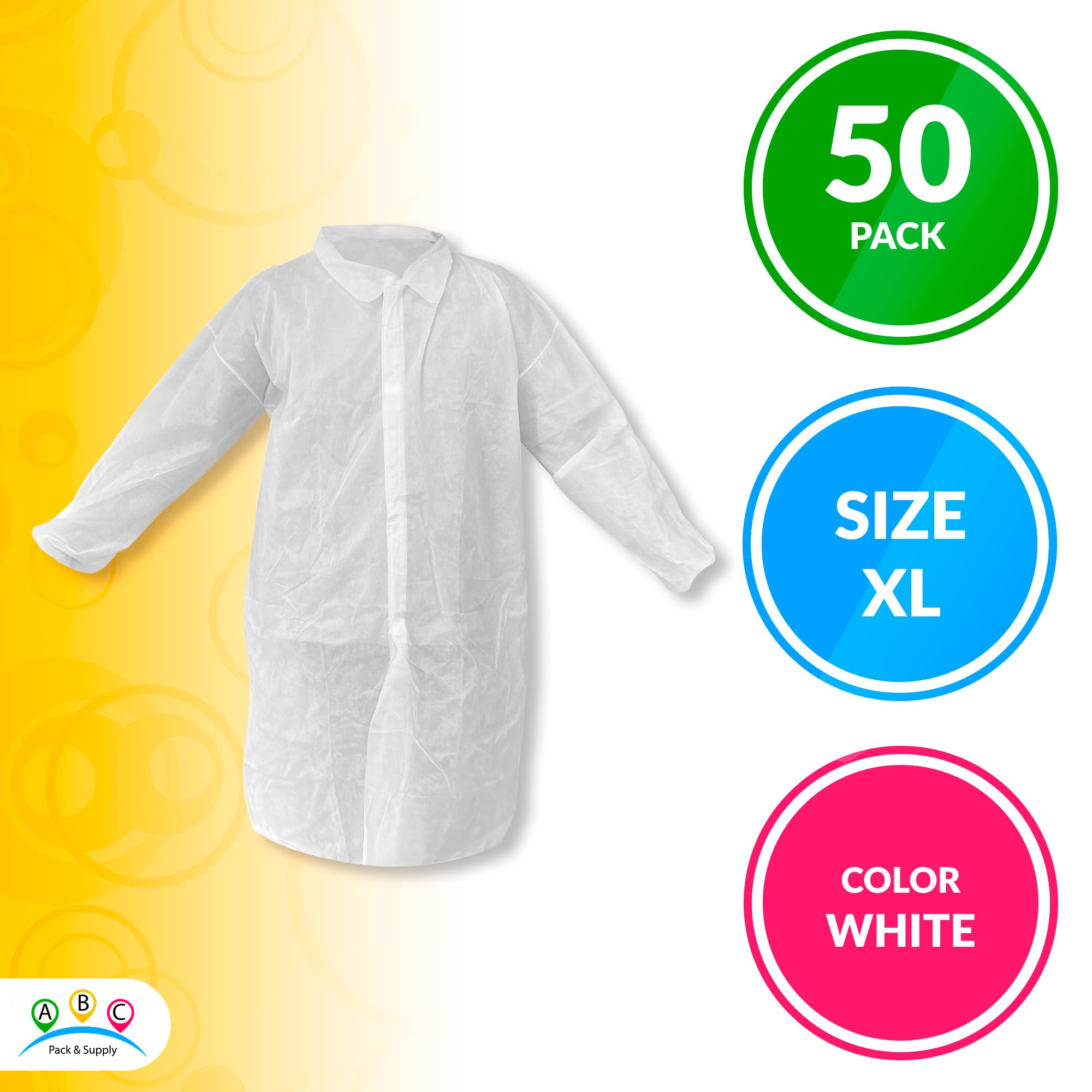 ABC White Disposable Lab Coats for Adults - XL (50 Pack) | Polypropylene Medical & Painting Protective Coat | 44