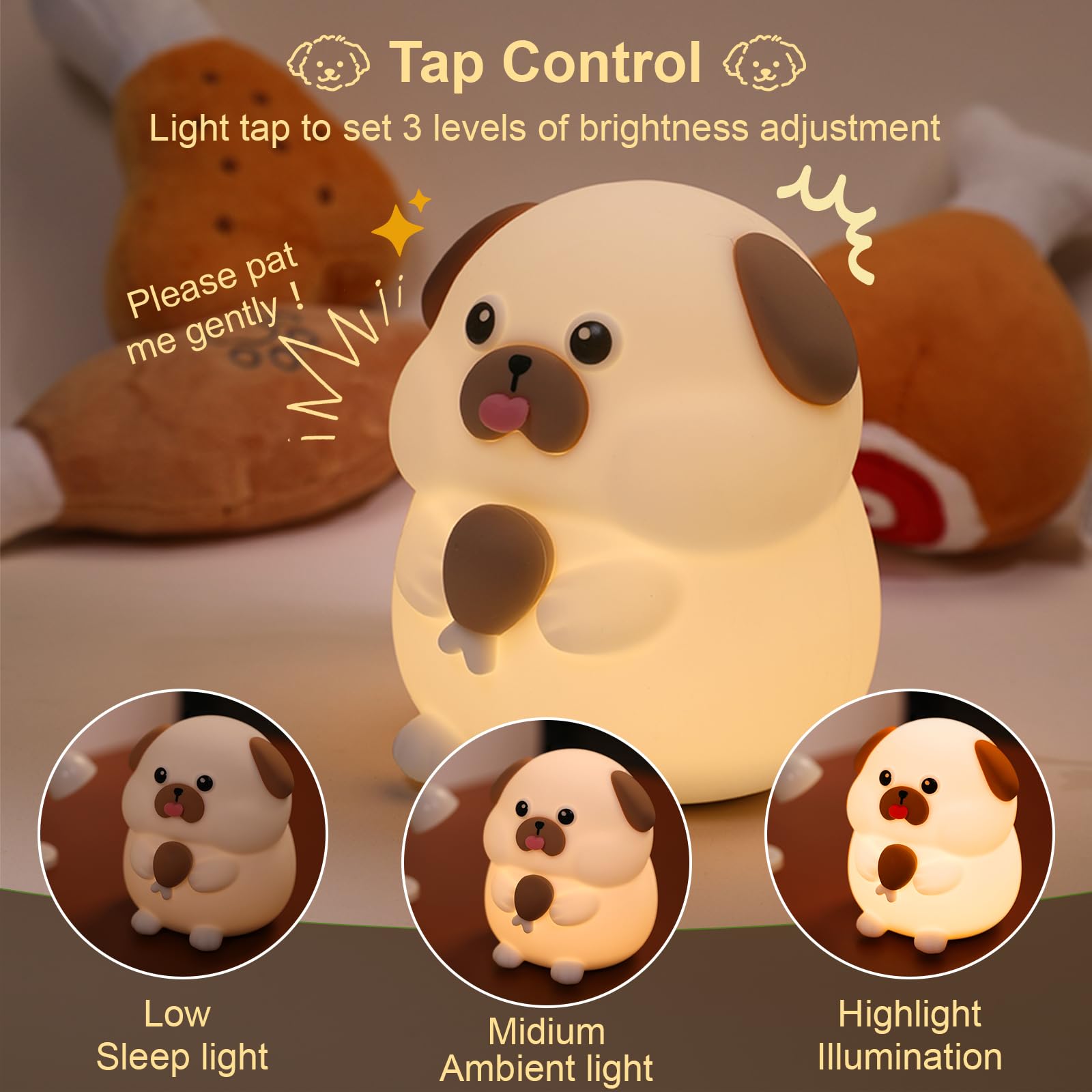 Greedy Dog Night Light for Kids - 3-Level Dimmable, Touch Color Changing Silicone Nightlight | Rechargeable Bedside Lamp for Nursery, Children, Pregnant Women & Elderly | Perfect for Bedrooms, Baby Rooms & Nighttime Feedings