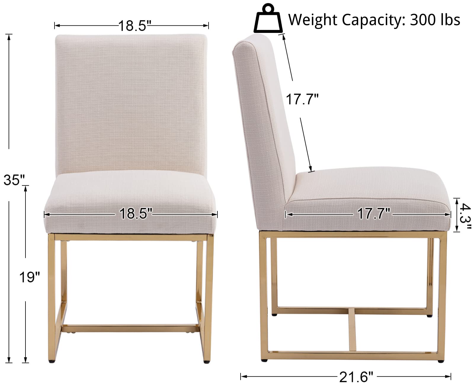 Shunzhi Mid Century Modern Upholstered Dining Chairs Set of 2 - Gold Metal Legs, Linen Fabric Armless Side Chairs for Dining Room, Living Room & Bedroom - Cream Comfortable Seating for Home Decor