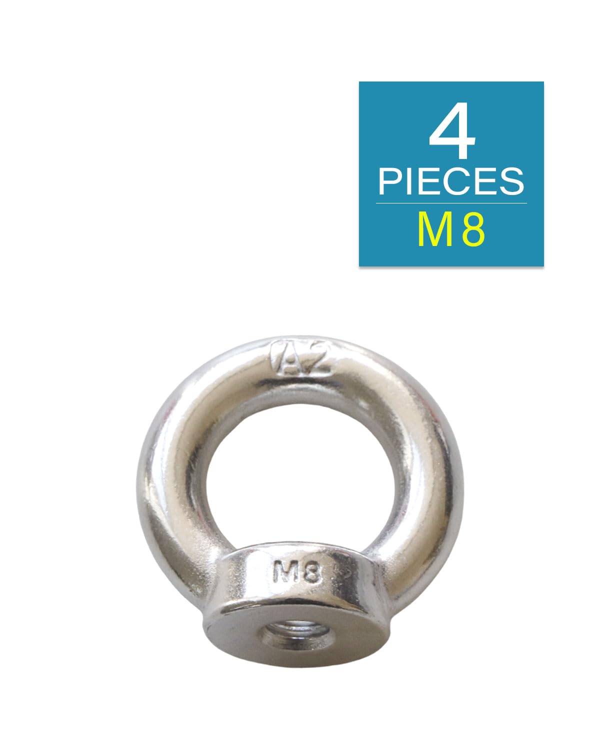 304 Stainless Steel M8 Eye Nuts - Heavy Duty Hardware for Home Repairs, Construction & Marine Applications - Pack of 4 - Corrosion Resistant Lifting Hooks for DIY Projects, Industrial Use and Outdoor Equipment