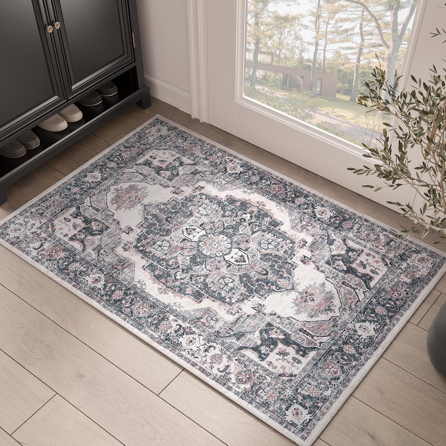 Jinchan Washable 2x3 Vintage Floral Area Rug - Thin Grey Multi Distressed Traditional Floor Mat for Entryway, Kitchen, Bathroom, Bedroom & Living Room | Perfect for Home Decor, Cozy Spaces & High Traffic Areas