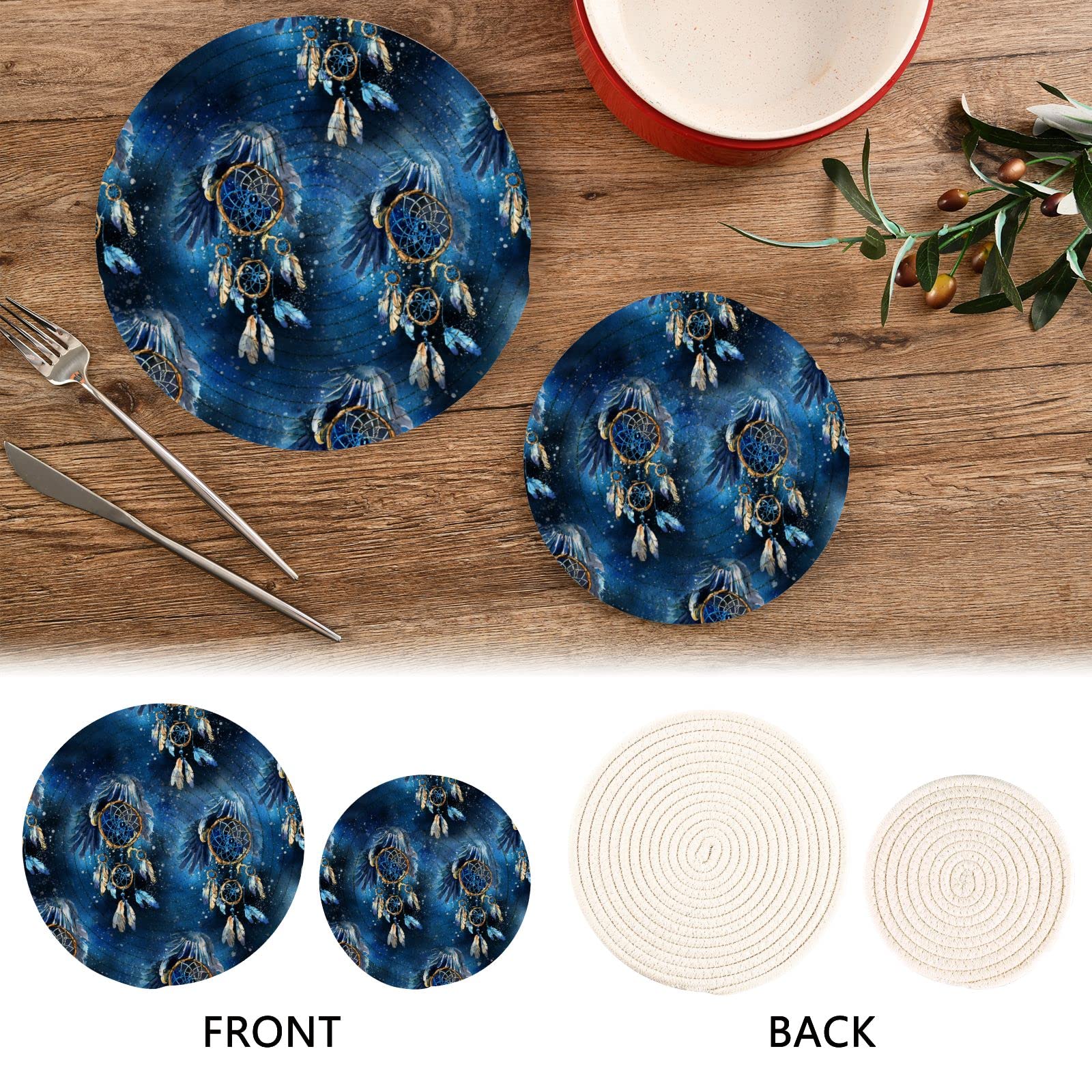 Hawk Dream Catcher Cotton Pot Holders Set of 2 - Heat Resistant Round Kitchen Holders for Hot Pots, Pans, and Baking Dishes - Perfect for Cooking, Serving, and Home Decor
