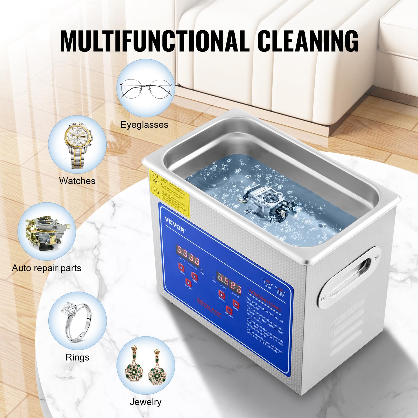 VEVOR 3L Professional Ultrasonic Cleaner with Digital Timer & Heater - Stainless Steel Industrial Cleaning Machine for Jewelry, Glasses, Watches, Dental & Electronic Parts - 110V, FCC/CE/RoHS Certified - Perfect for Home, Lab & Workshop Use