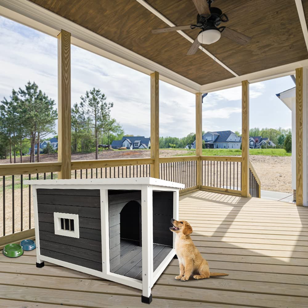 Waterproof Wooden Dog House with Porch Deck - Outdoor Puppy Kennel & Weatherproof Dog Cage for Backyard, Garden, and Camping Use