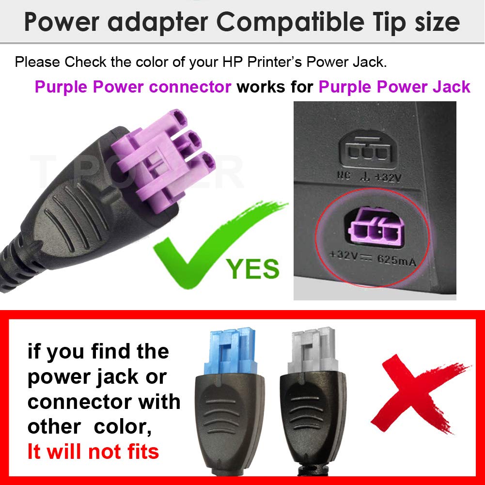 T POWER 32V AC/DC Adapter Charger for HP Photosmart & Officejet Advantage All-in-One Printers - 3-Pin Purple Tip Power Supply - Perfect for Home Office & Small Business Printing Needs