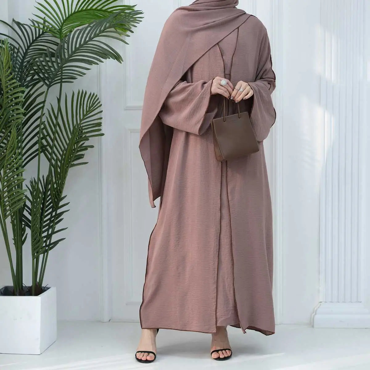 2-Piece Heavy Wrinkle Fabric Open Abaya Dress Set for Women - Modest Muslim Prayer Dress with Long Sleeves - Perfect for Eid, Ramadan & Special Occasions