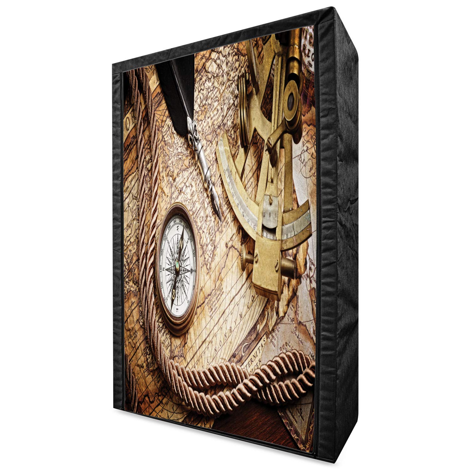 Ambesonne Portable Fabric Wardrobe with Shelves - Vintage Nautical Theme Featuring Compass & Sextant Design - 42.5