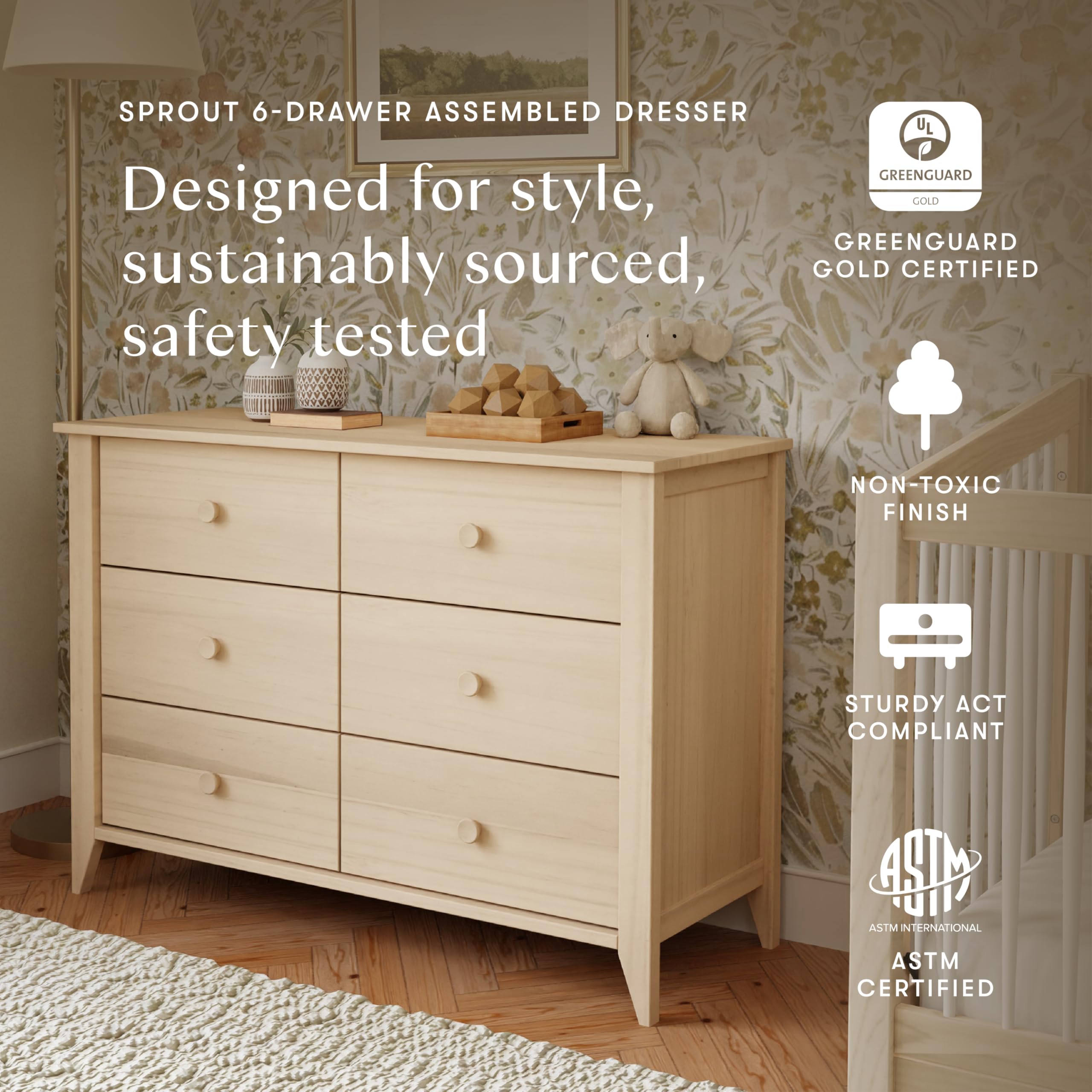 Babyletto Sprout 6-Drawer Kids Dresser - Nursery & Bedroom Storage Furniture - GREENGUARD Gold Certified Wood Dresser for Boys & Girls - Washed Natural Finish - Perfect for Baby Room Organization & Living Room Storage