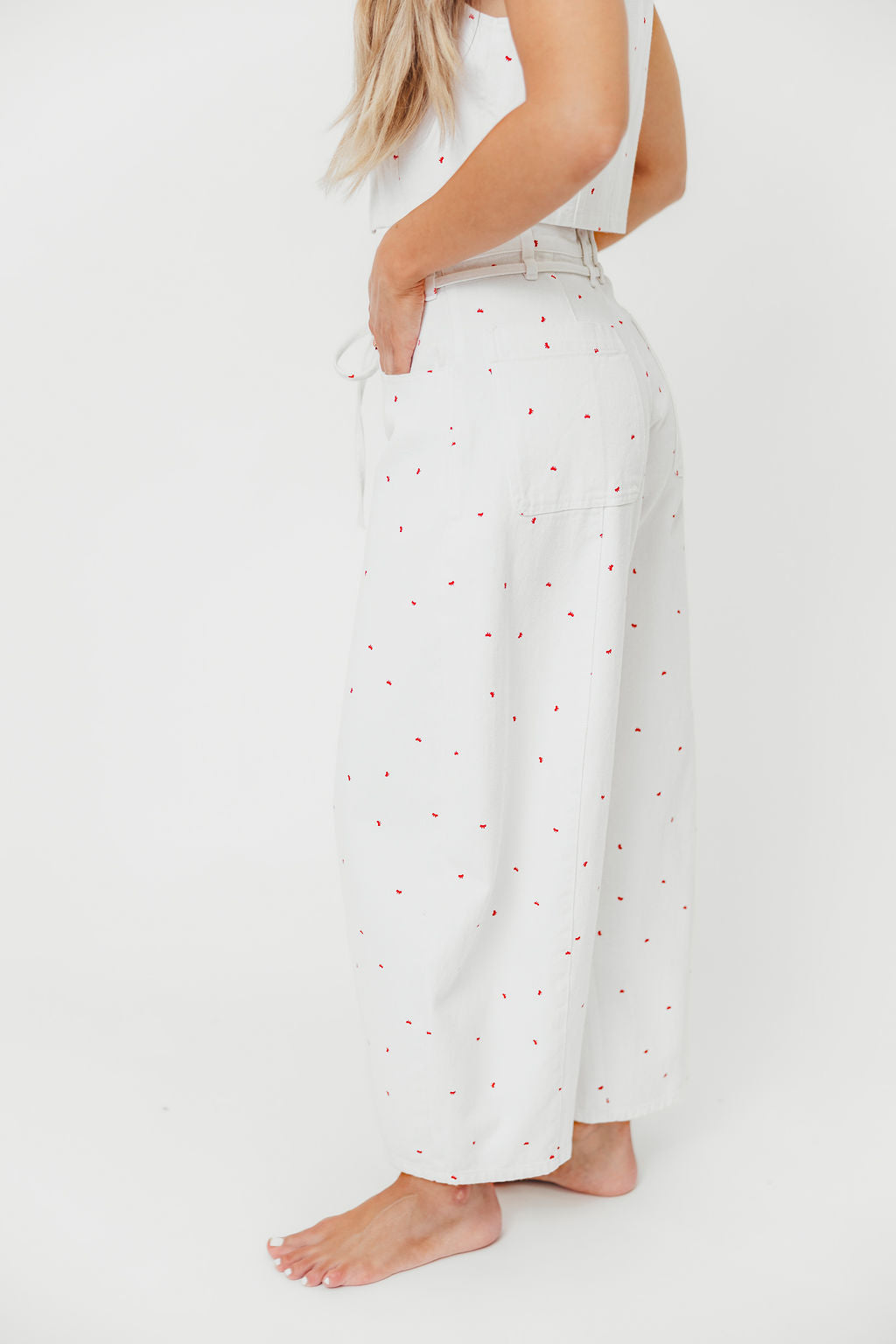 Parton Mini Bow Print Waist Tie Detail Washed Barrel Jeans in Off White | Vintage High Waisted Denim Pants for Women | Perfect for Casual Outfits, Date Nights & Street Style Fashion