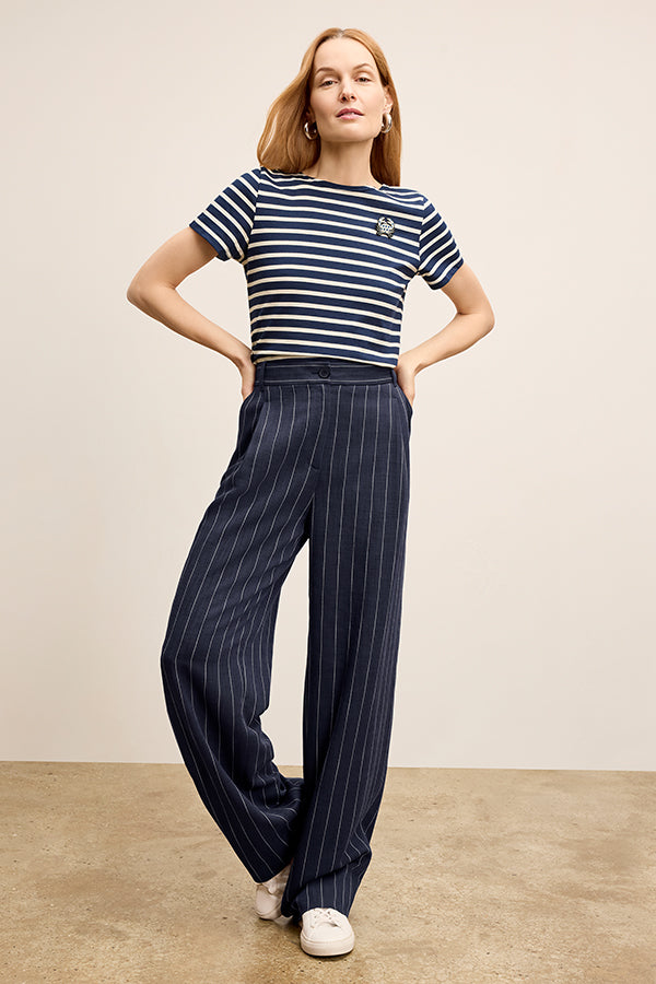 Fitz Pleated Summer Pinstripe Trousers for Men - Navy/Ivory Stripe - Office Wear & Casual Summer Outfits