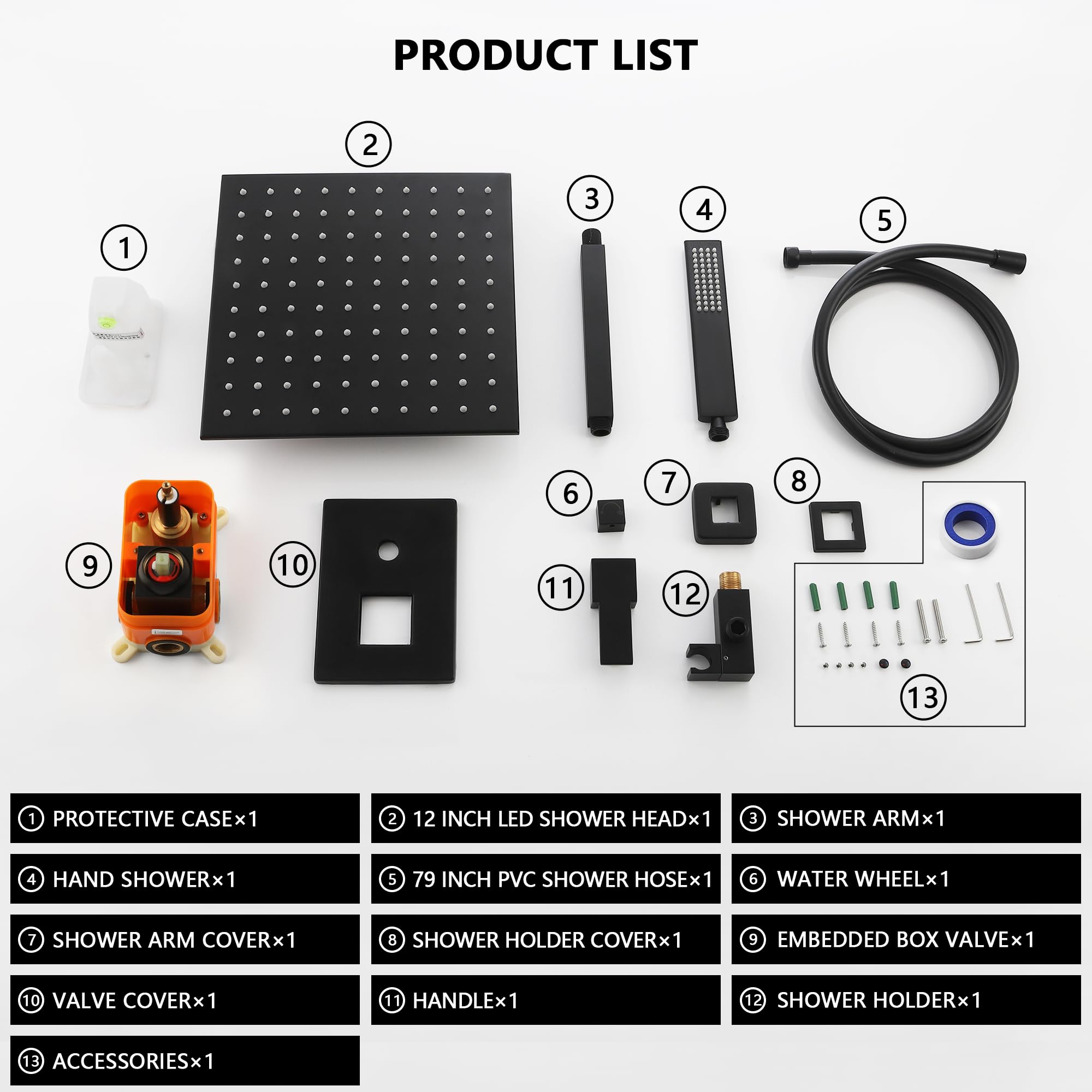 SKOWLL Matte Black Rainfall Shower System - 12 Inch Ceiling Mount LED Shower Head with 2-Function Valve Kit & Handle Set | Modern Bathroom Upgrade for Spa-Like Experience