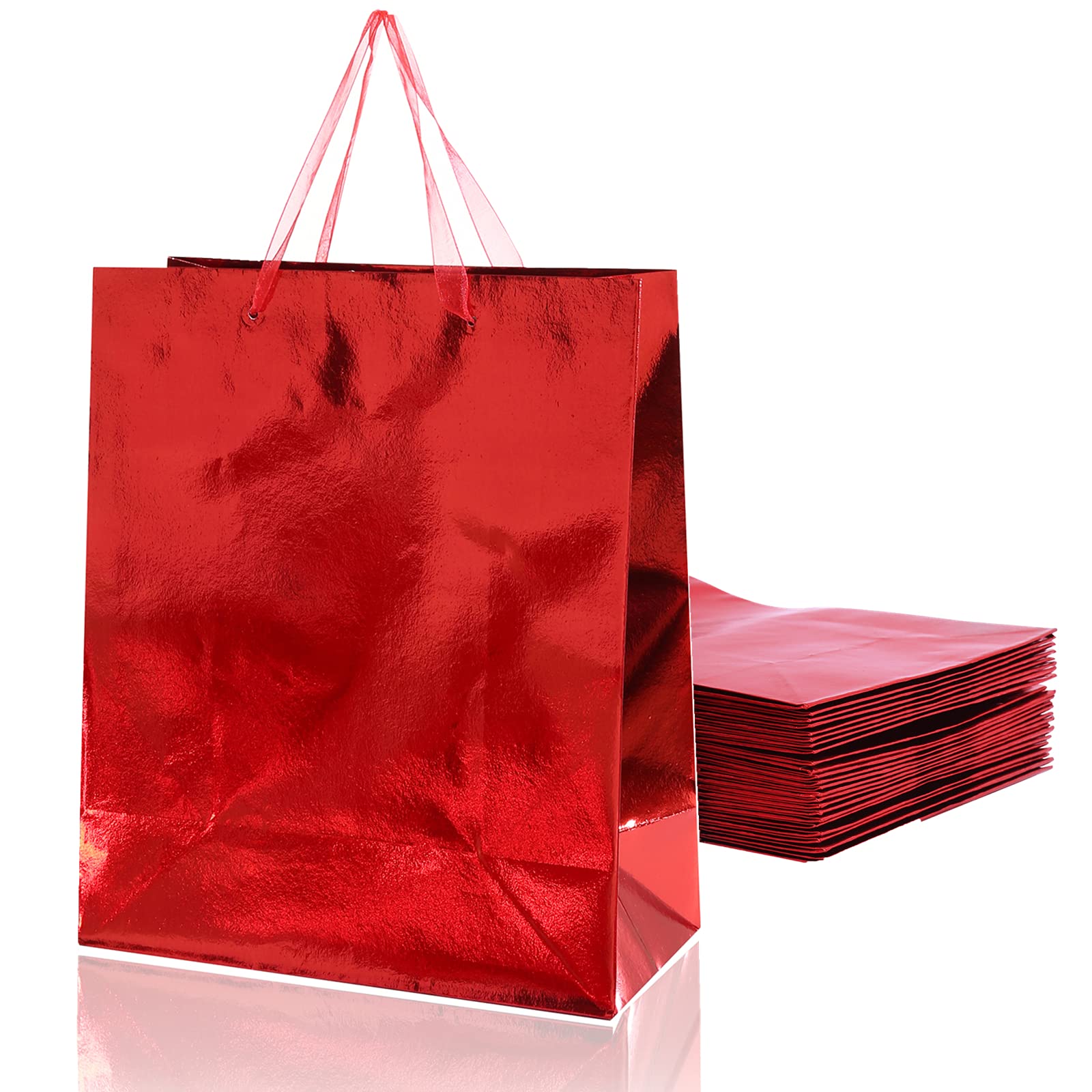 12PCS Large Metallic Glossy Red Gift Bags with Handles - 10x5.1x12 Inch Bulk Party Favor Bags for Christmas, Birthdays, Weddings & Special Occasions | Perfect for Gift Wrapping, Party Decor & Event Favors