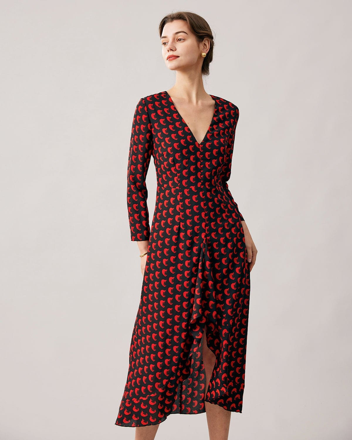 Elegant Red V-Neck Slit Long Sleeve Midi Dress for Women - Perfect for Cocktail Parties, Date Nights & Special Occasions