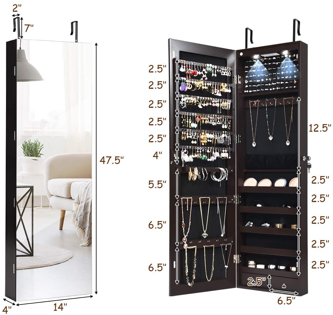 Hysache Full-Length Mirror Jewelry Armoire with LED Lights - Lockable Wall Mount Jewelry Cabinet Organizer with Makeup Pouch, Bracelet Rod & Storage for Necklaces, Rings - Perfect for Bedroom, Dressing Room & Vanity (Brown)