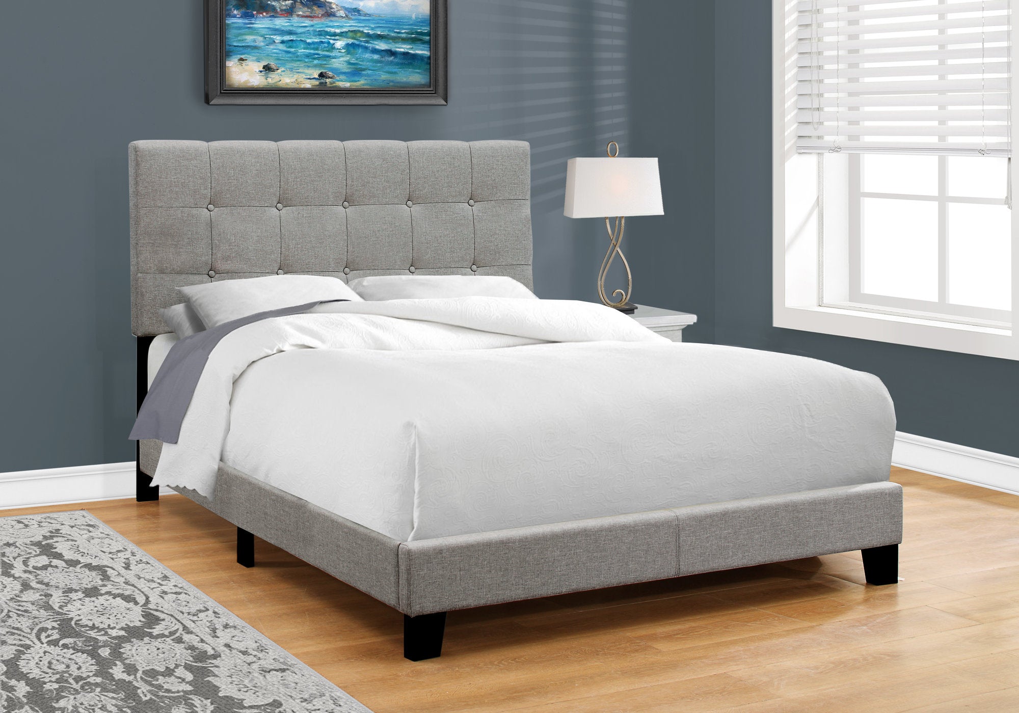 Full Size Bed Frame with Grey Linen Upholstery - Modern Platform Bed for Bedroom, Guest Room & Dorm