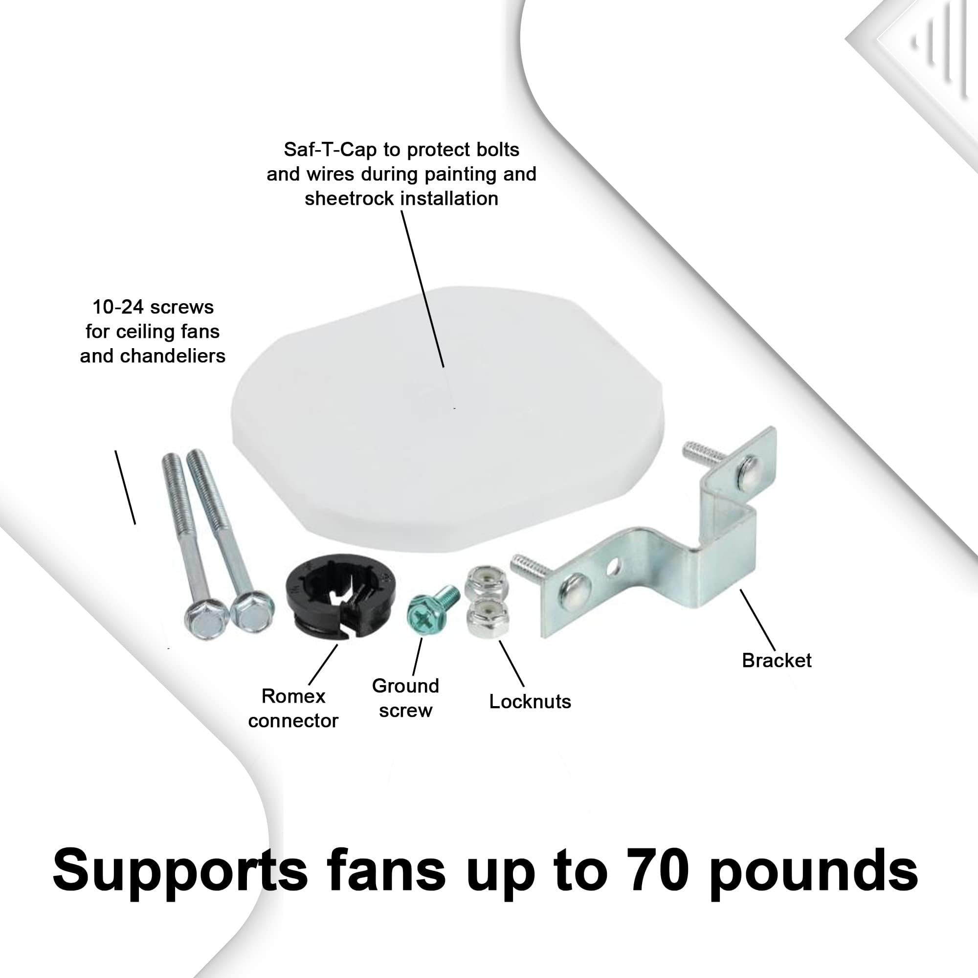 Ceiling Fan Mounting Bracket - Heavy Duty Saf-T-Brace with Locking Teeth (3 Teeth Design) for Secure Installation - Compatible with 2-1/8