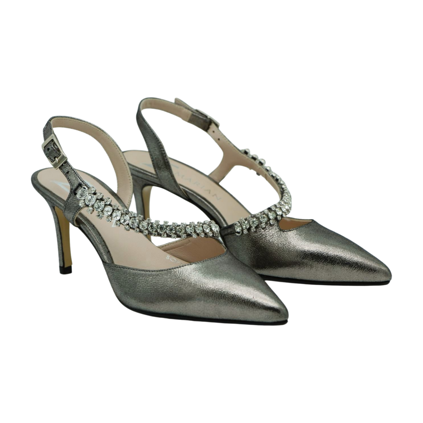 Elegant Marian Pewter Leather Slingback Heels with Diamante Accents - Perfect for Weddings, Parties & Evening Events