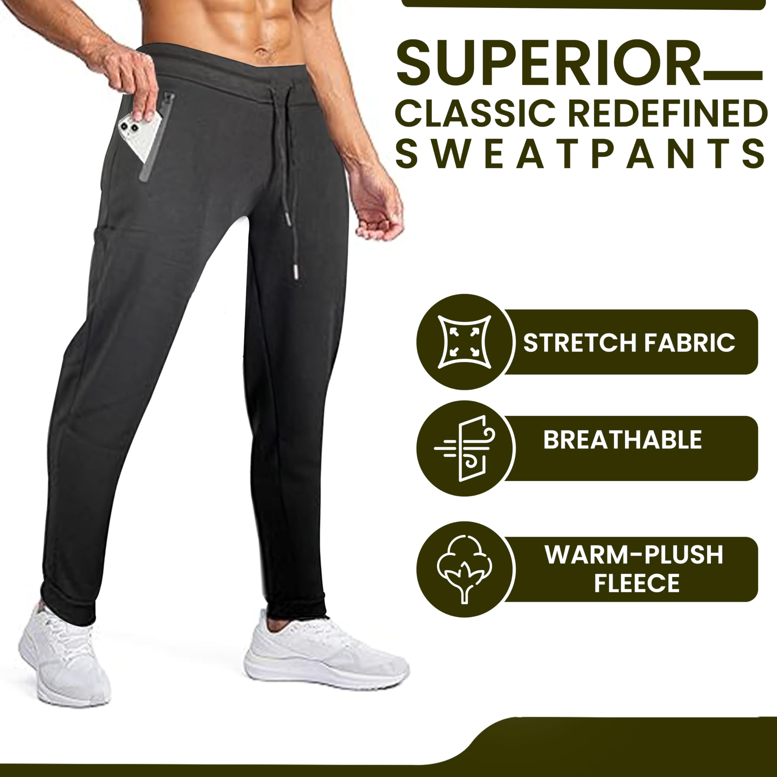 RiverBlue Men's Fleece Jogger Sweatpants with Zipper Pockets - Elastic Cuffs & Drawstring - Multi-Pack Comfort Pants for Gym, Lounge & Outdoor Activities