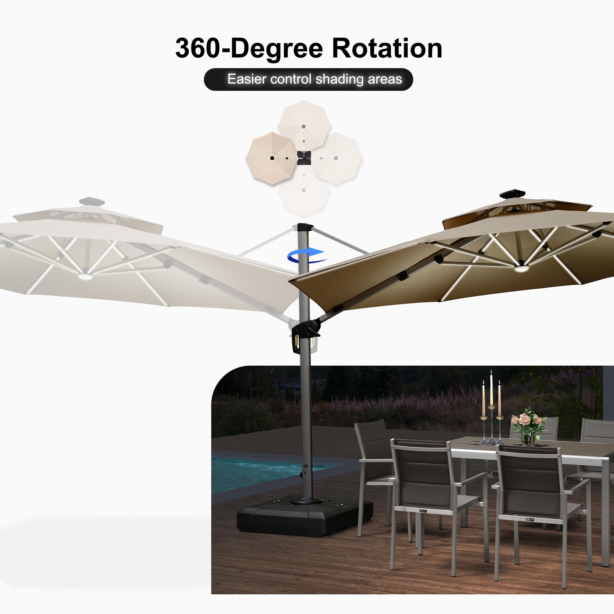 PURPLE LEAF 12ft Solar Powered LED Patio Umbrella - Large Windproof Cantilever Outdoor Umbrella with Bright LED Lights, Heavy Duty Sun Shade for Garden, Deck, Pool & Backyard (Beige) | Perfect for Outdoor Dining, Lounging and Summer Entertaining