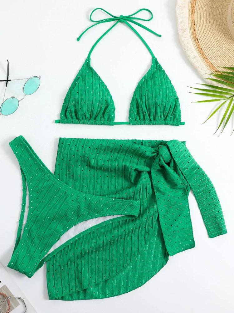 2023 New Women's 3-Piece Swimsuit Set - Sexy Thong Bikini with Sarong Skirt | White & Pink Beachwear for Pool, Vacation & Summer Fun