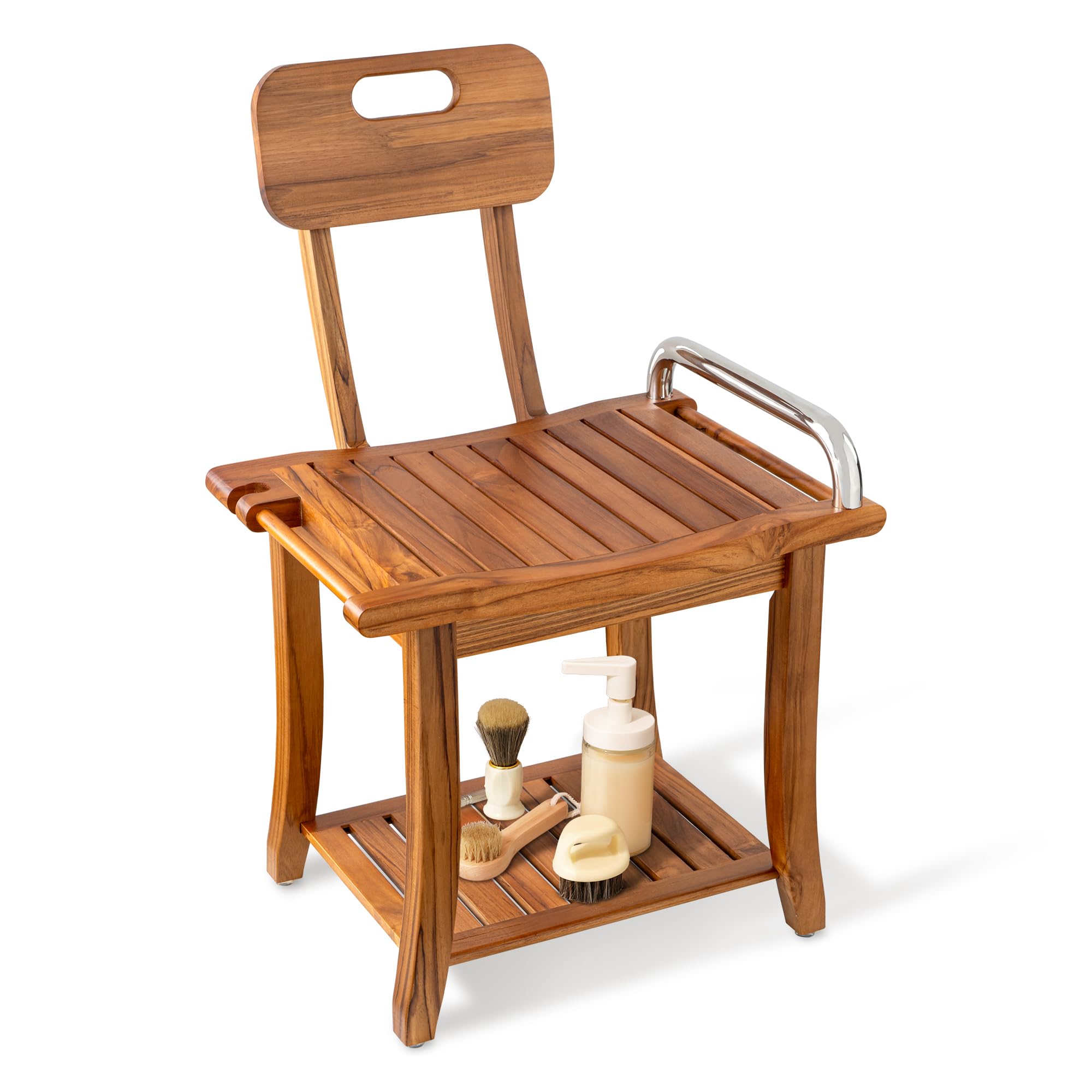 **Premium Teak Shower Bench with Backrest & Handles – 19