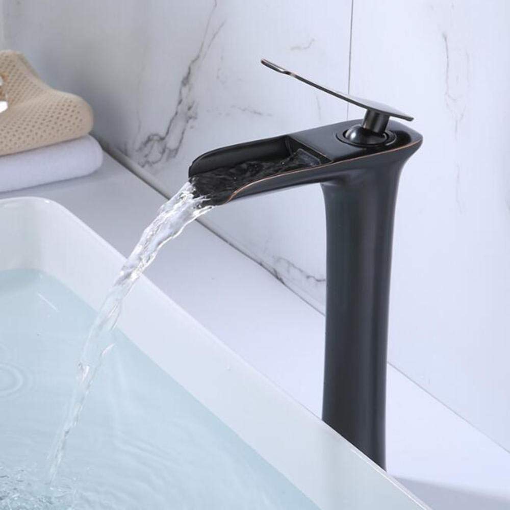 Tall Waterfall Basin Mixer Tap - Brass Single Hole Bathroom Sink Faucet with Hot & Cold Water - Above Counter Black Bathroom Sink Tap for Modern Vanities & Luxury Bathrooms