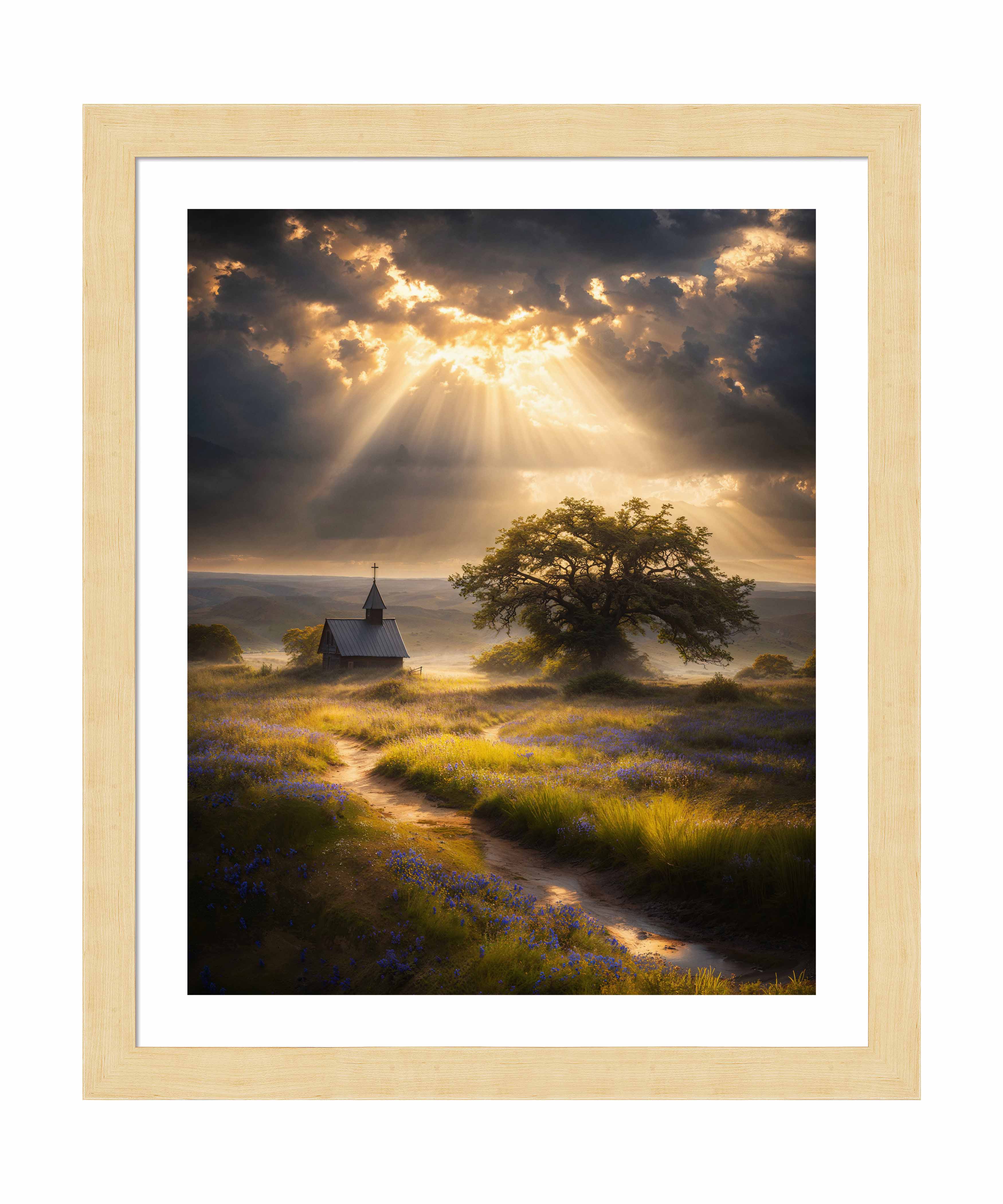 Celestial Rays Over Lone Star Landscape Art Print - Stunning Wall Decor for Living Room, Bedroom & Office