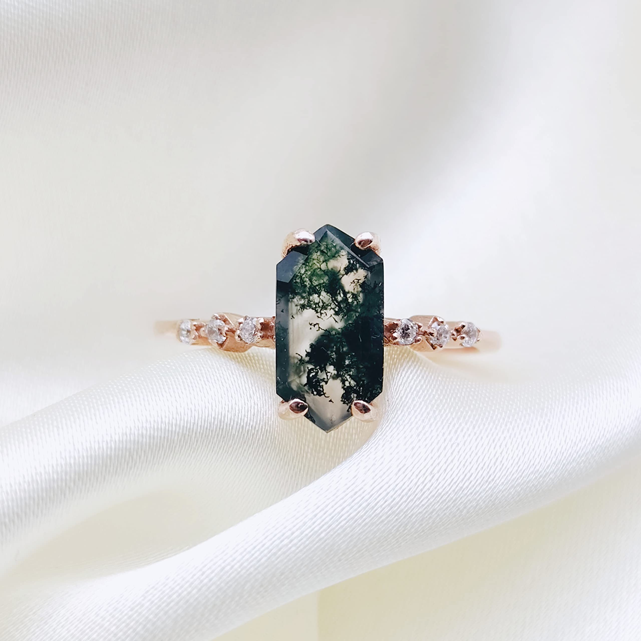 Natural Moss Agate Hexagon Ring for Women - Rose Gold, White, Green & Silver Stackable Promise Ring | Elegant Birthstone Jewelry Gift for Her, Anniversary & Special Occasions | Perfect for Stacking, Layering & Everyday Wear