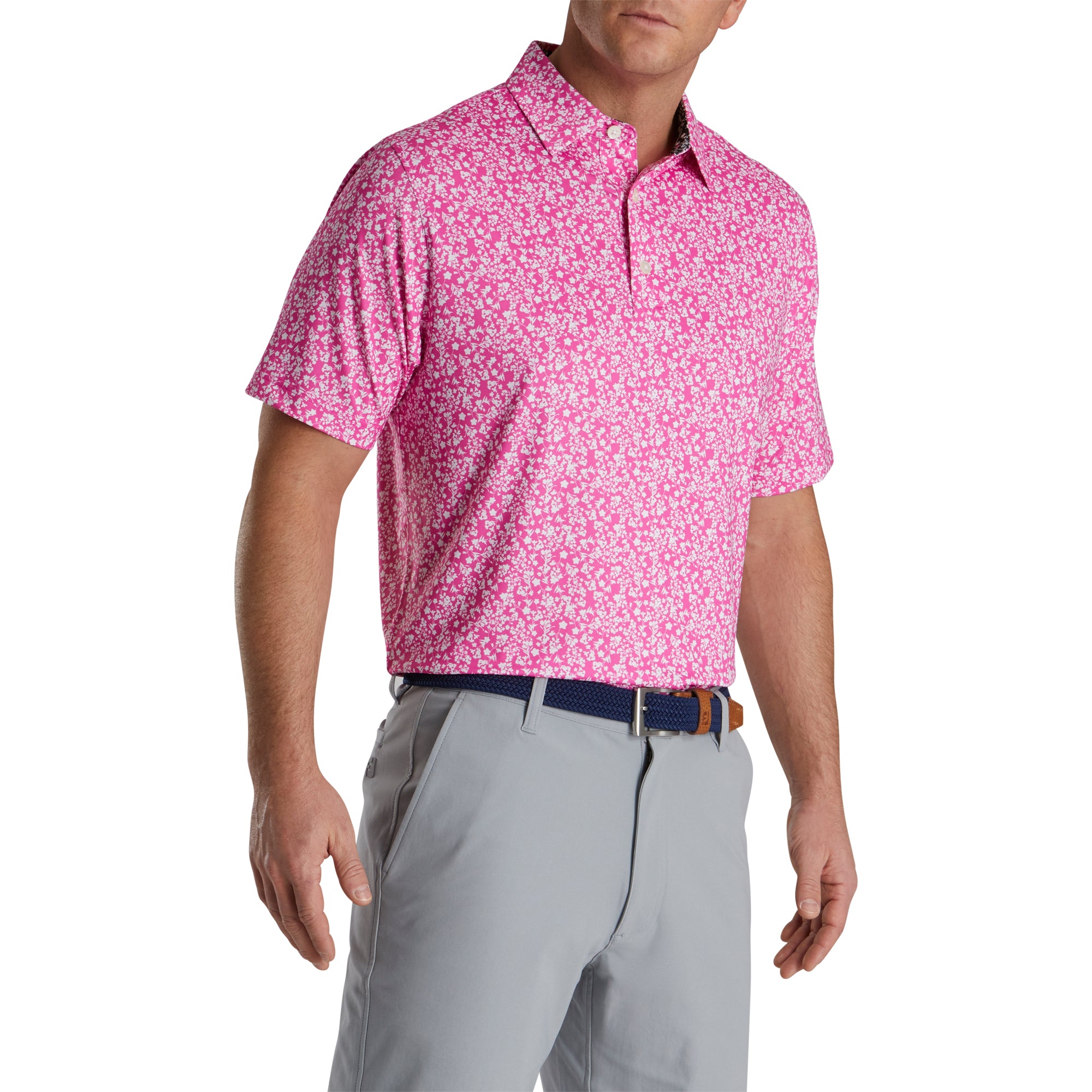 FootJoy Floral Vines Lisle Hot Pink Men's Golf Polo Shirt - Breathable Performance Fabric for Summer Golfing & Casual Wear