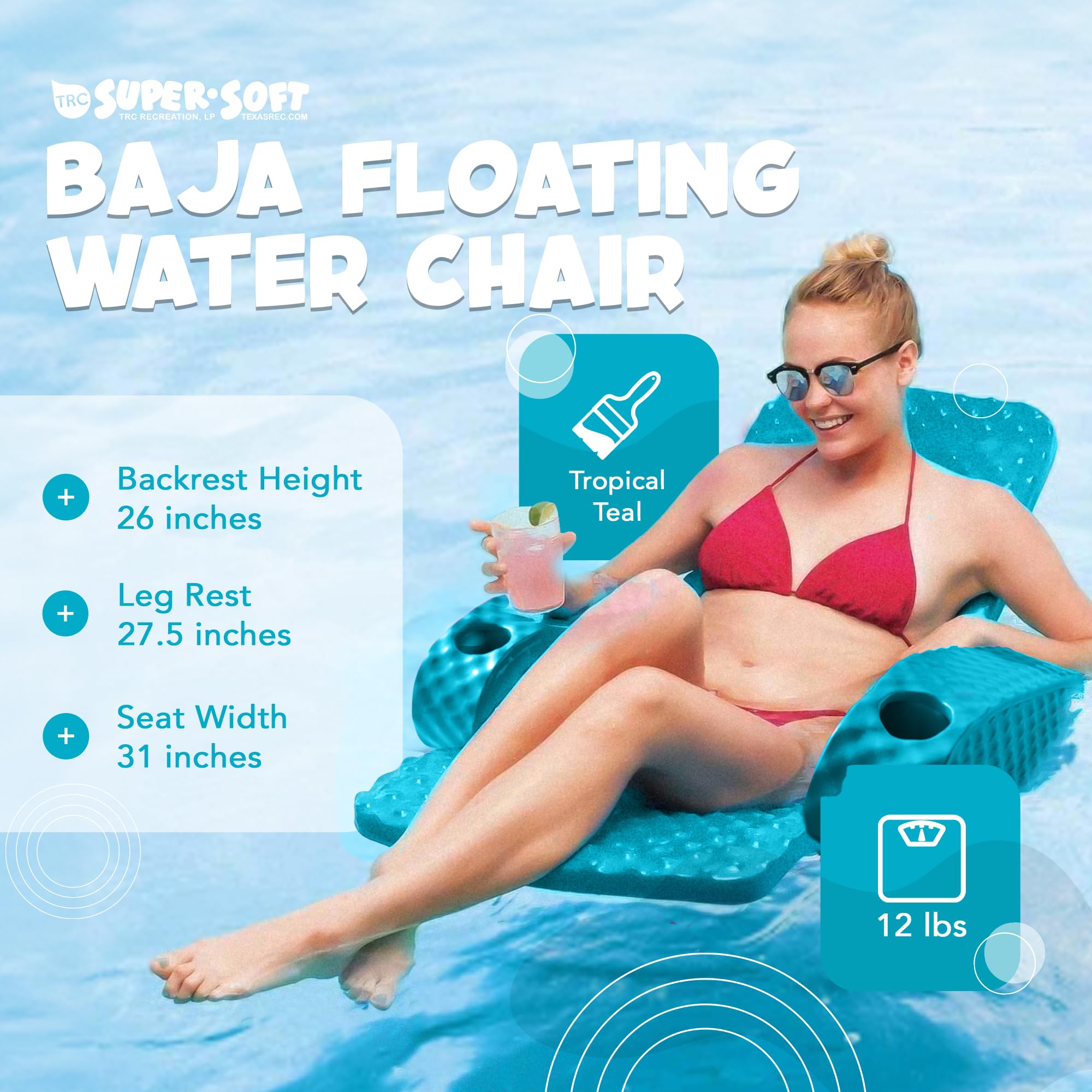 TRC Recreation Folding Baja Chair Foam Swimming Pool Float - Portable Super Soft Floating Lounger with 2 Cup Holders for Beach, Pool & Lake | Pink Inflatable Chair for Relaxing in Water | Perfect for Summer Vacation, Backyard Parties & Water Activities